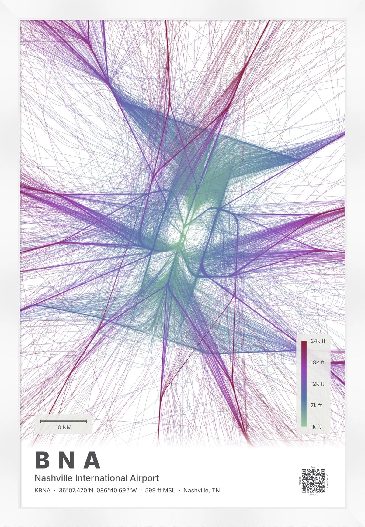 BNA flight path print — Prism theme · Light [material:framed_white]