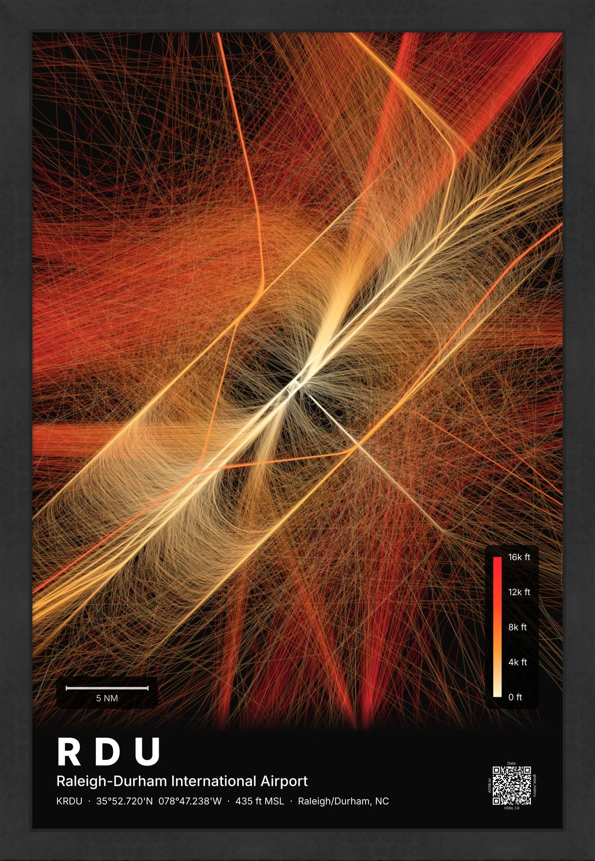 RDU flight path print — Inferno theme · Dark [material:framed_black]
