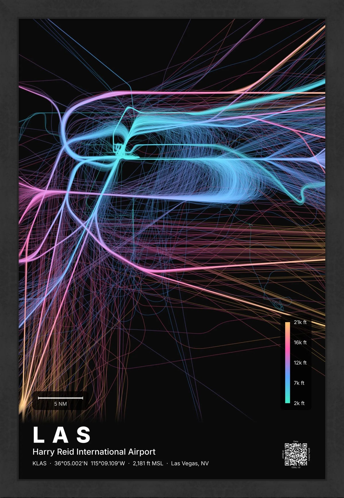 LAS flight path print — Aurora theme · Dark [material:framed_black]