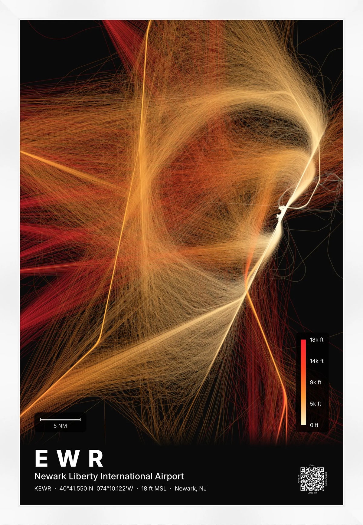 EWR flight path print — Inferno theme · Dark [material:framed_white]