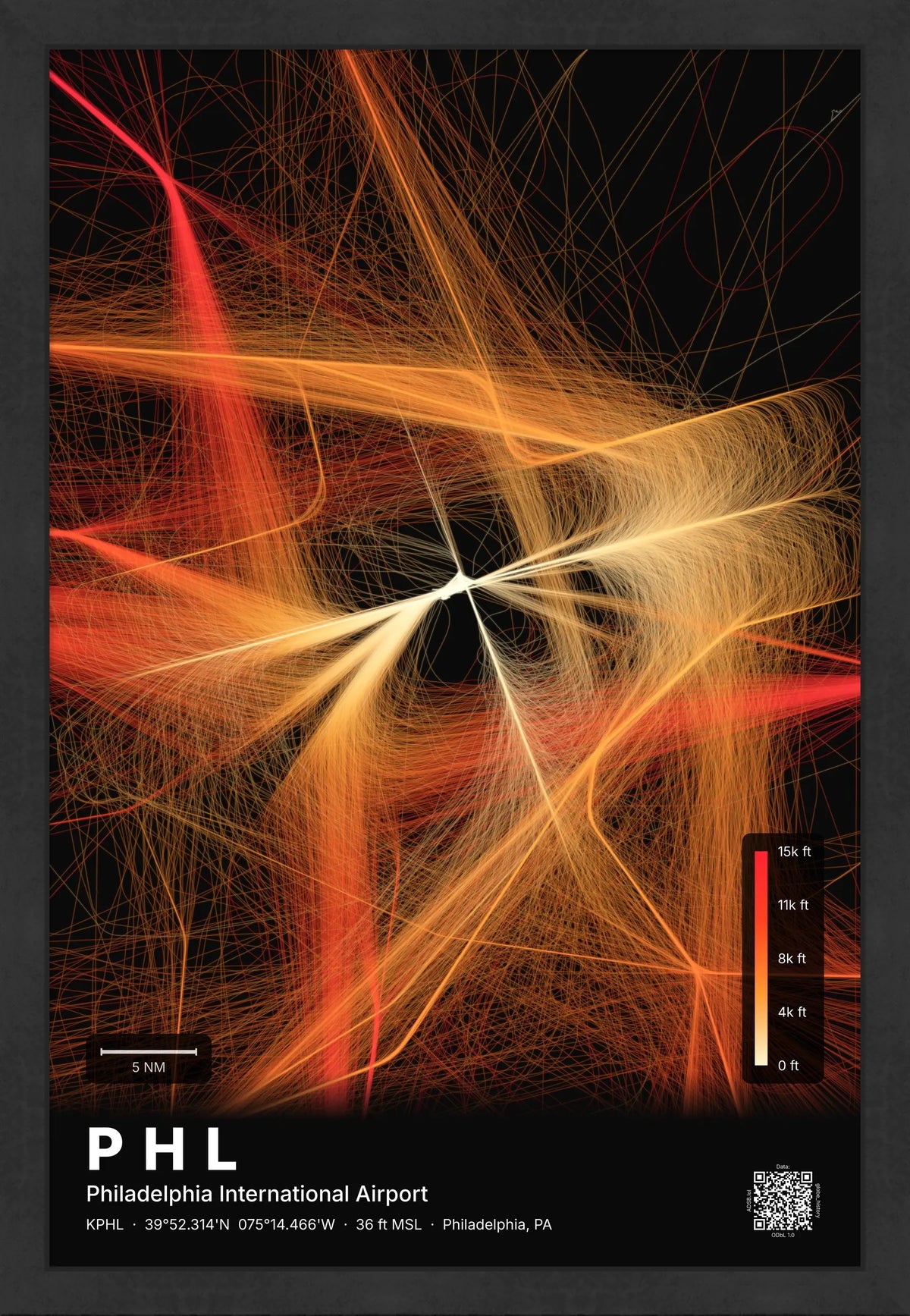 PHL flight path print — Inferno theme · Dark [material:framed_black]
