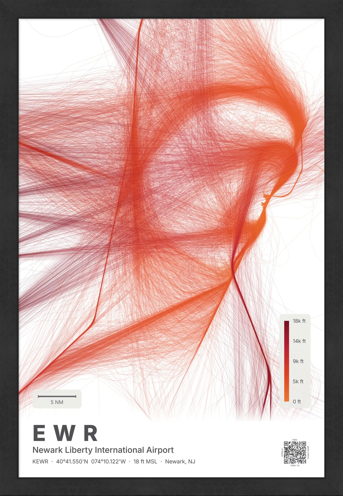 EWR flight path print — Inferno theme · Light [material:framed_black]