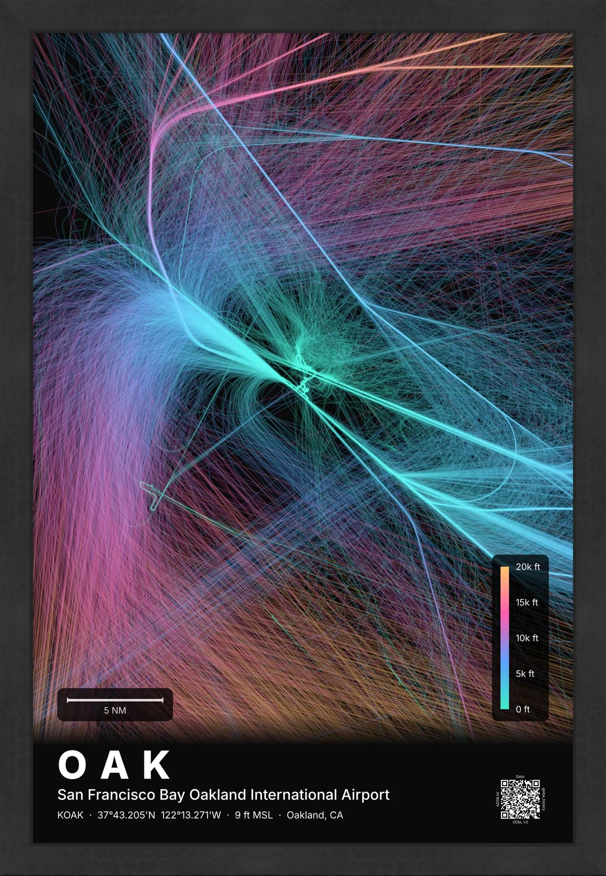 OAK flight path print — Aurora theme · Dark [material:framed_black]
