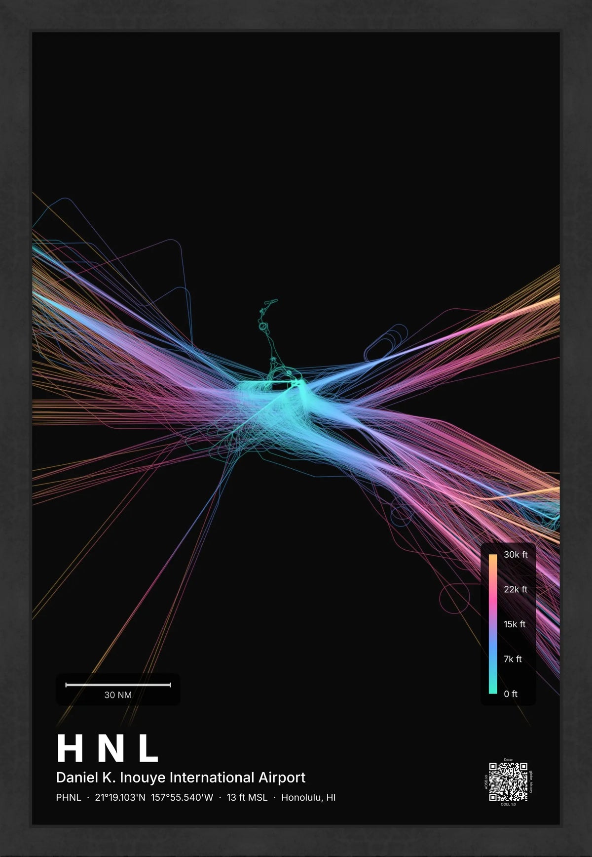 HNL flight path print — Aurora theme · Dark [material:framed_black]
