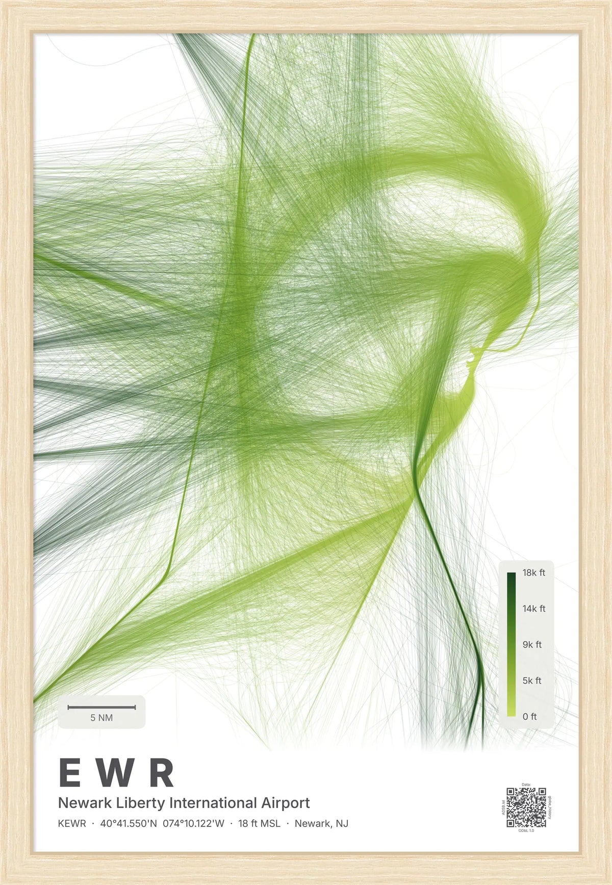 EWR flight path print — Citrus theme · Light [material:framed_natural]