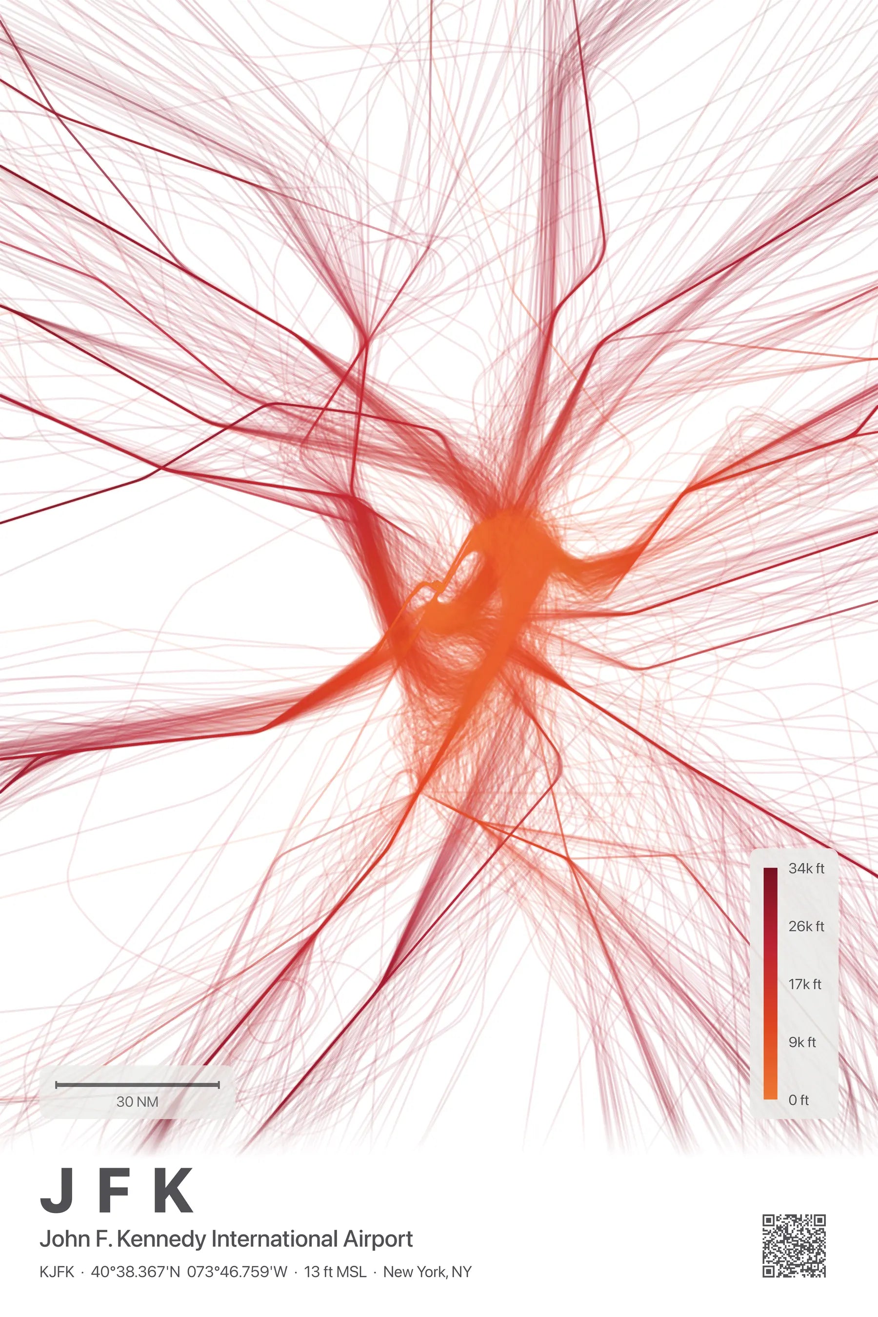 JFK flight path print — Inferno theme · Light
