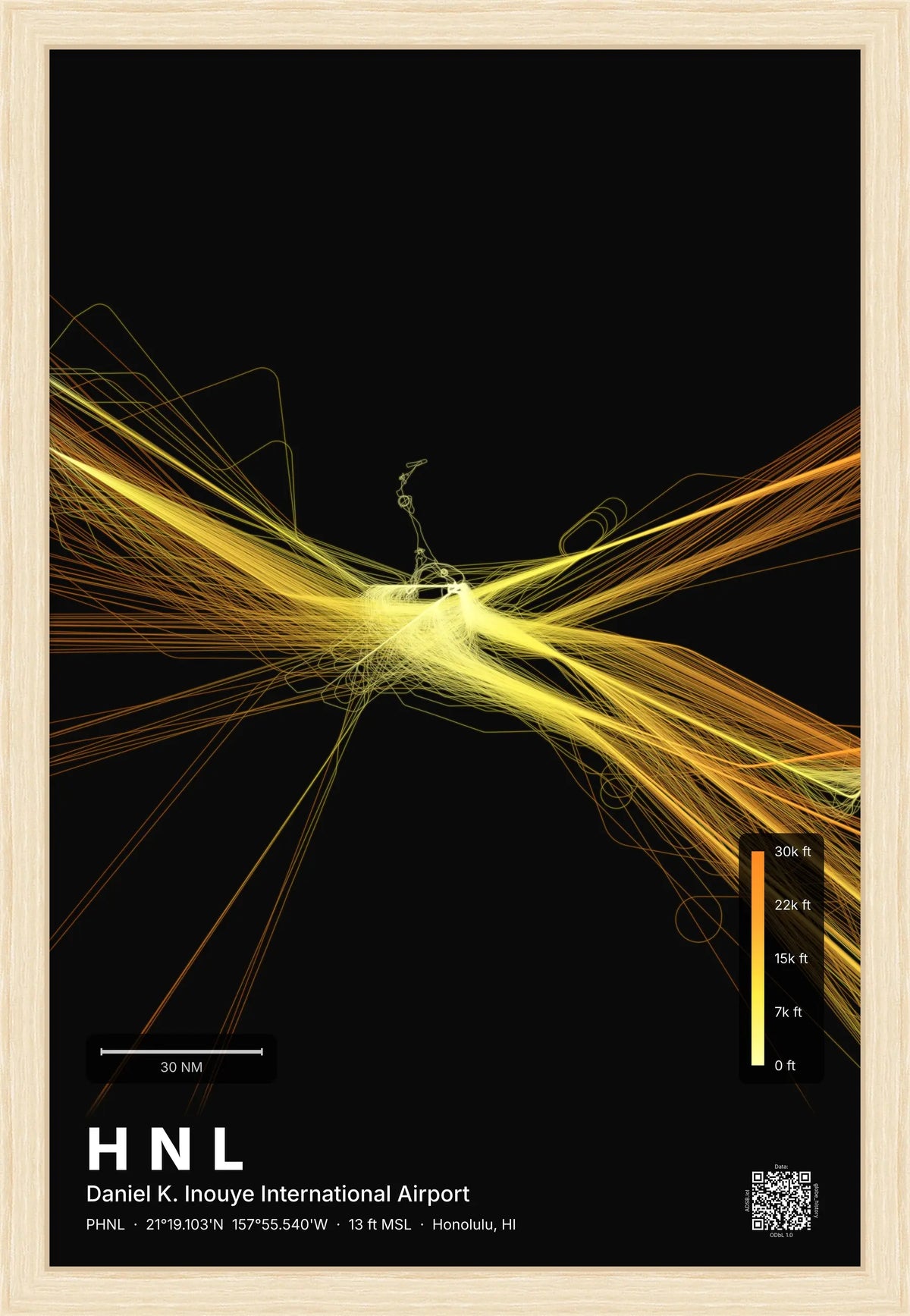 HNL flight path print — Solana theme · Dark [material:framed_natural]