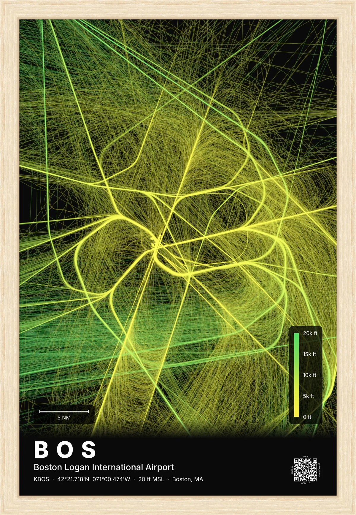 BOS flight path print — Citrus theme · Dark [material:framed_natural]