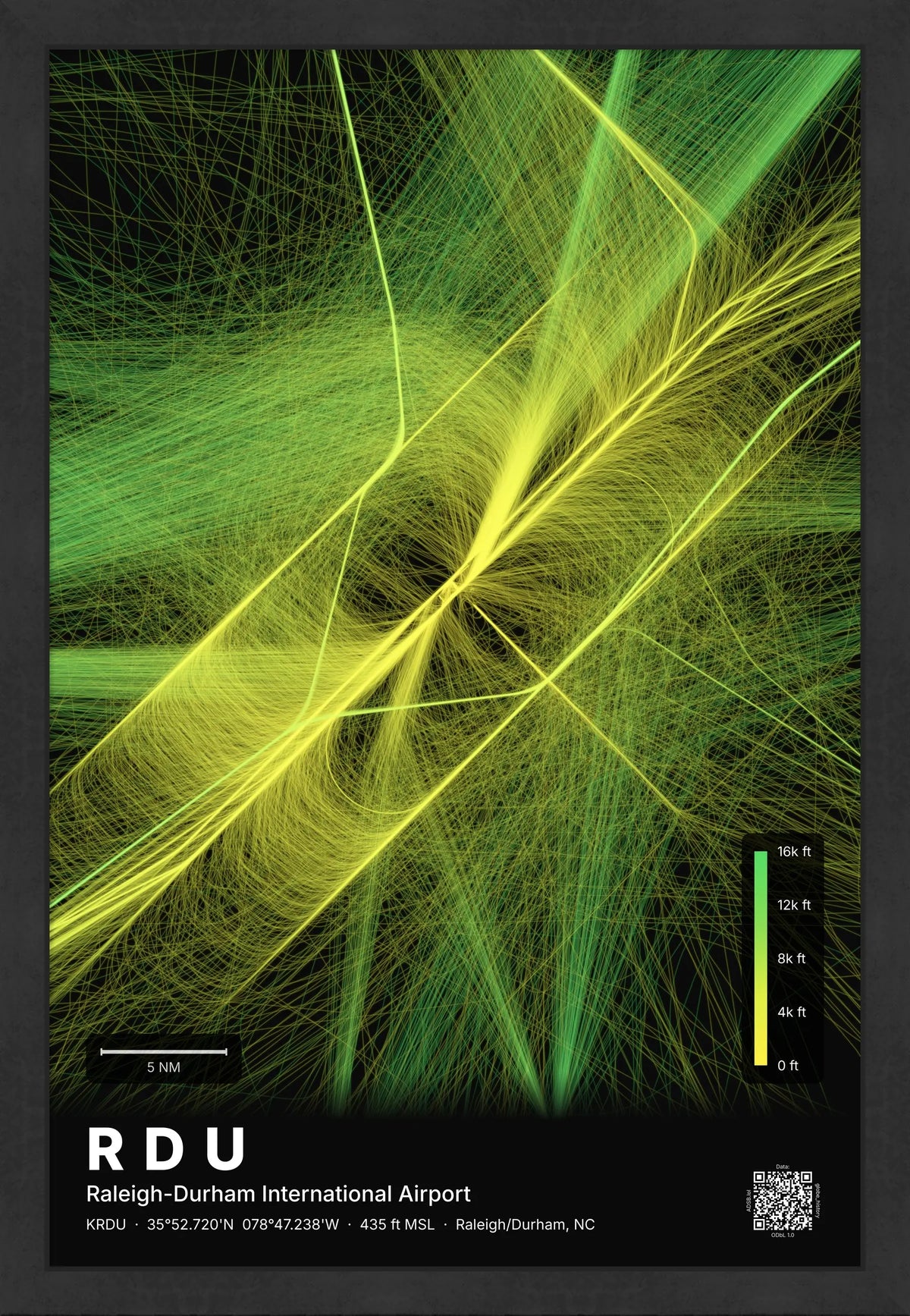 RDU flight path print — Citrus theme · Dark [material:framed_black]