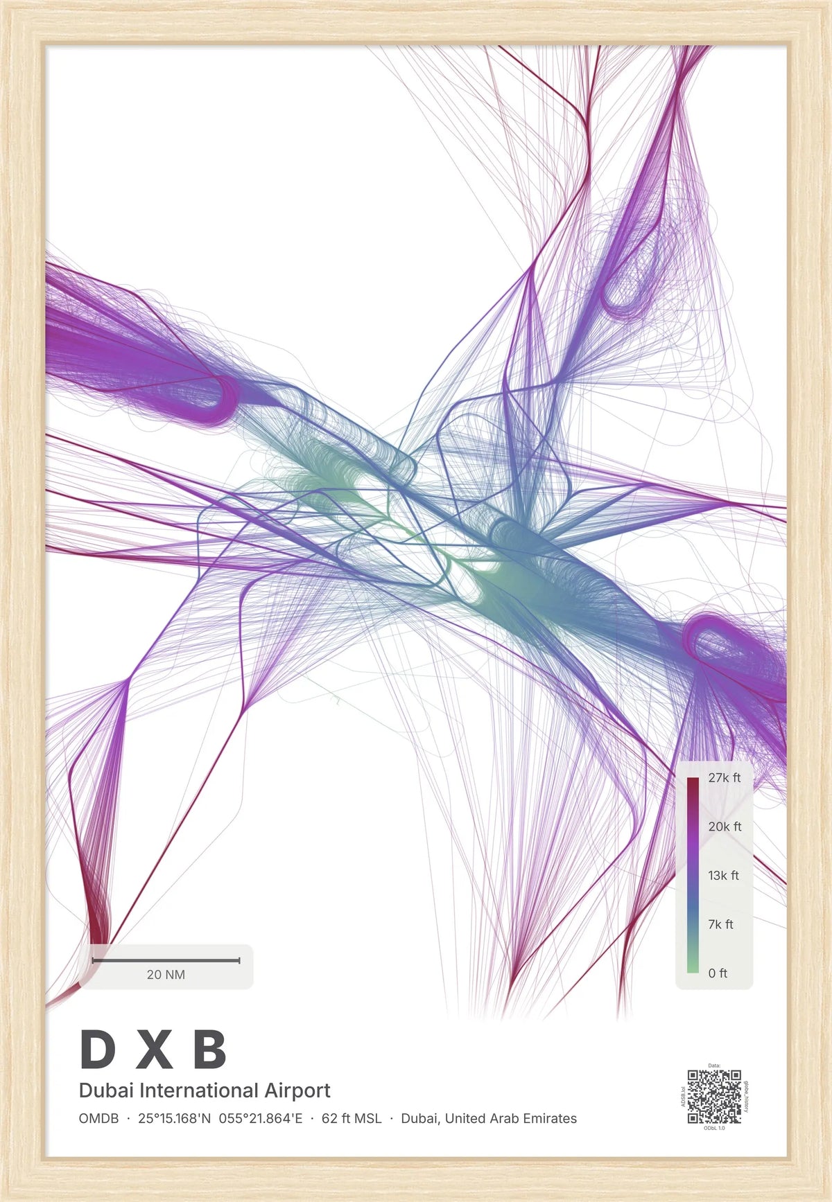 DXB flight path print — Prism theme · Light [material:framed_natural]