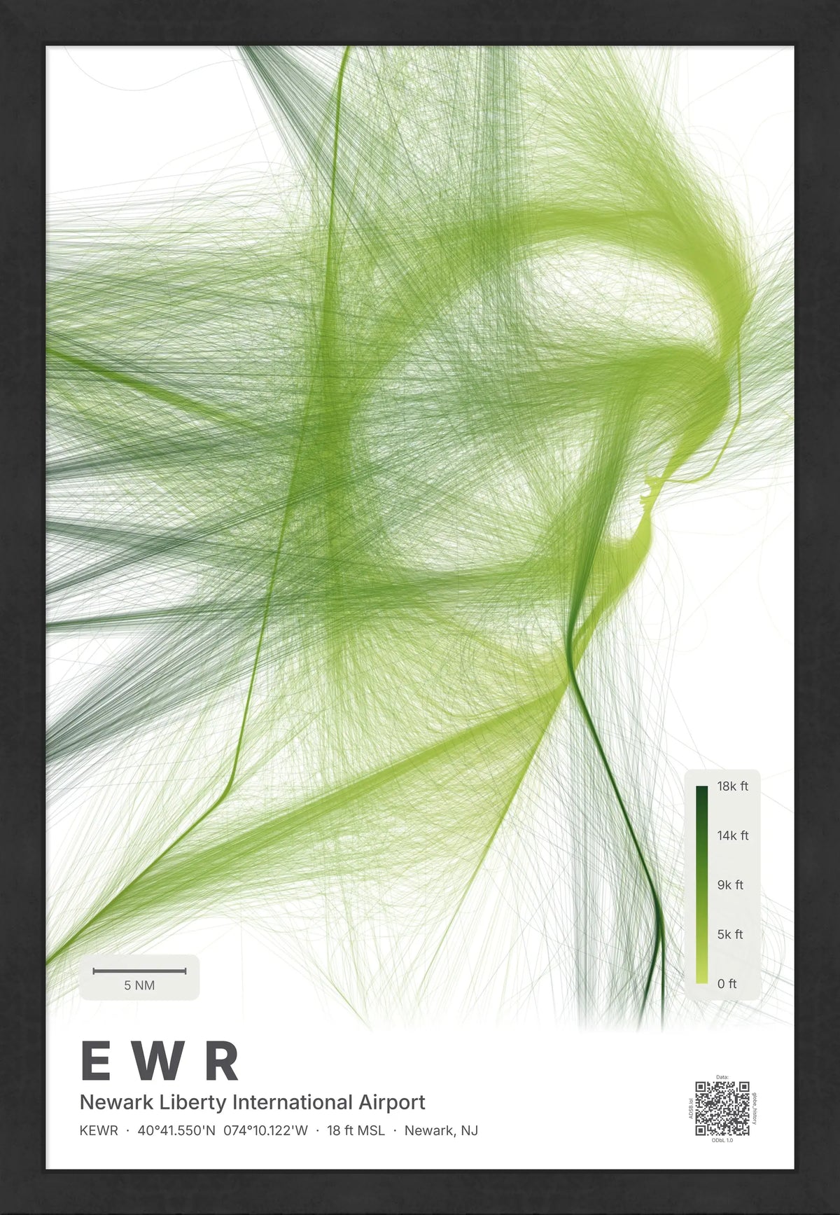 EWR flight path print — Citrus theme · Light [material:framed_black]