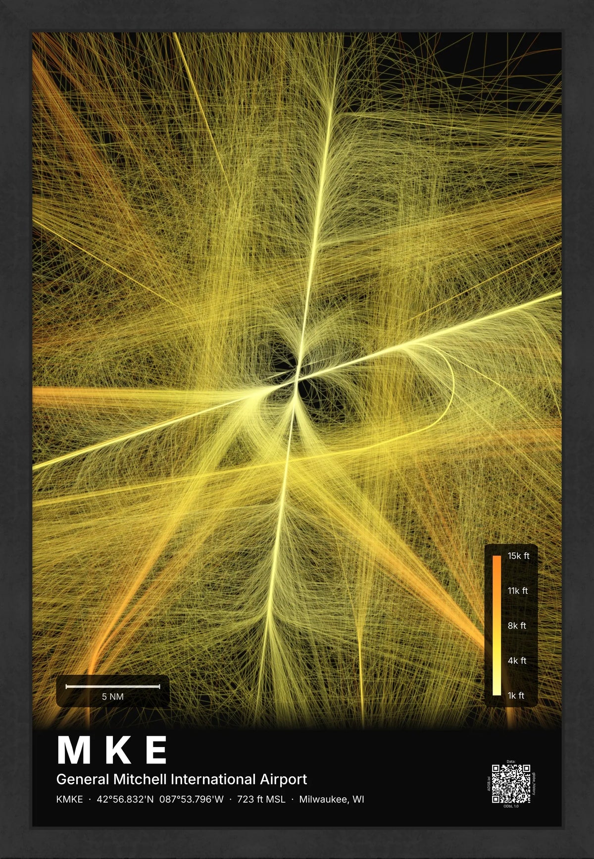 MKE flight path print — Solana theme · Dark [material:framed_black]