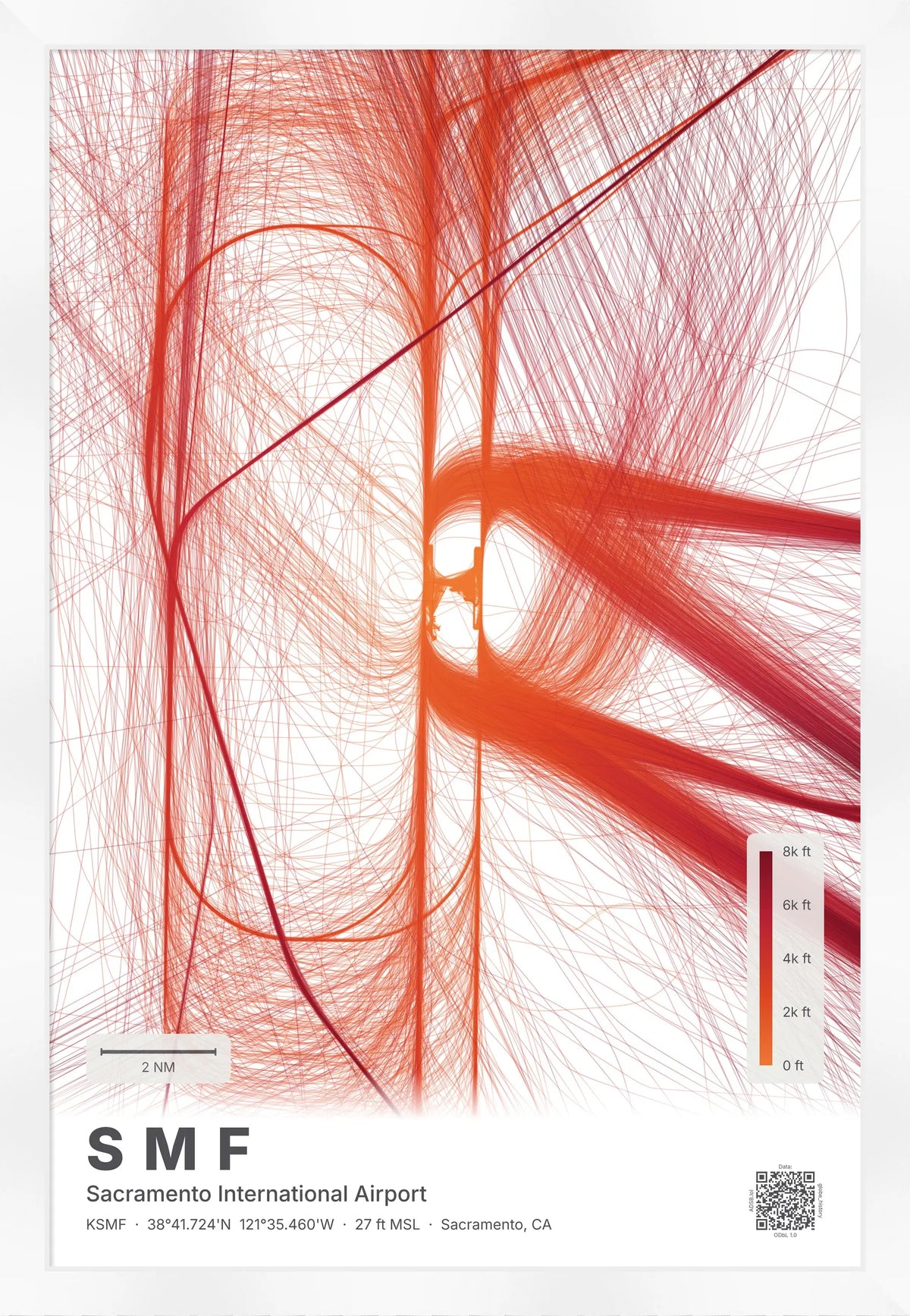 SMF flight path print — Inferno theme · Light [material:framed_white]