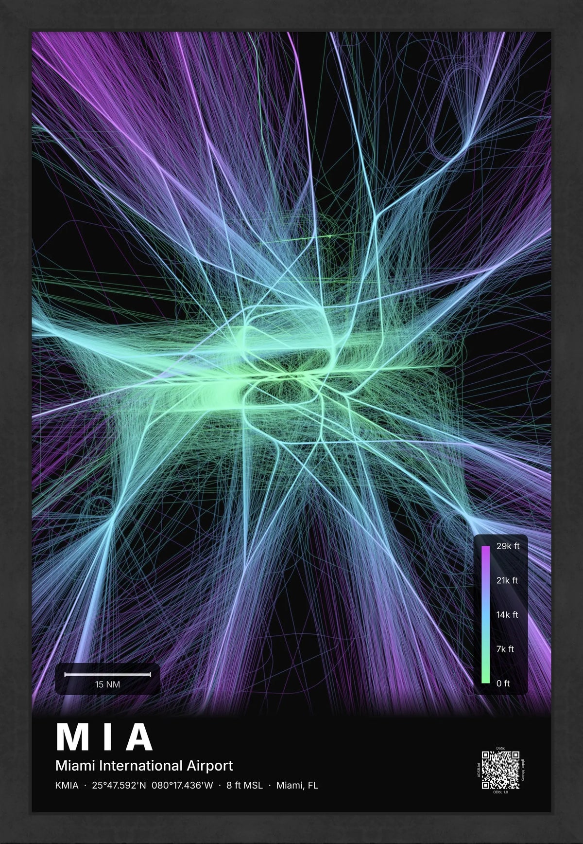 MIA flight path print — Prism theme · Dark [material:framed_black]