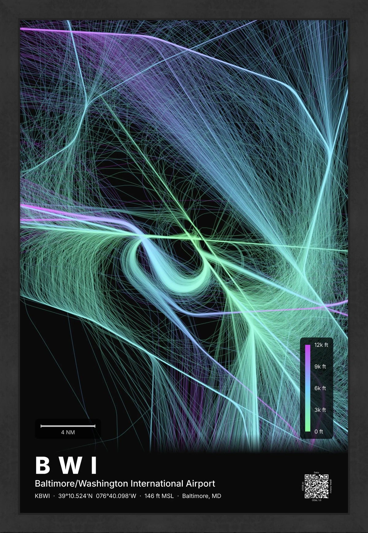 BWI flight path print — Prism theme · Dark [material:framed_black]