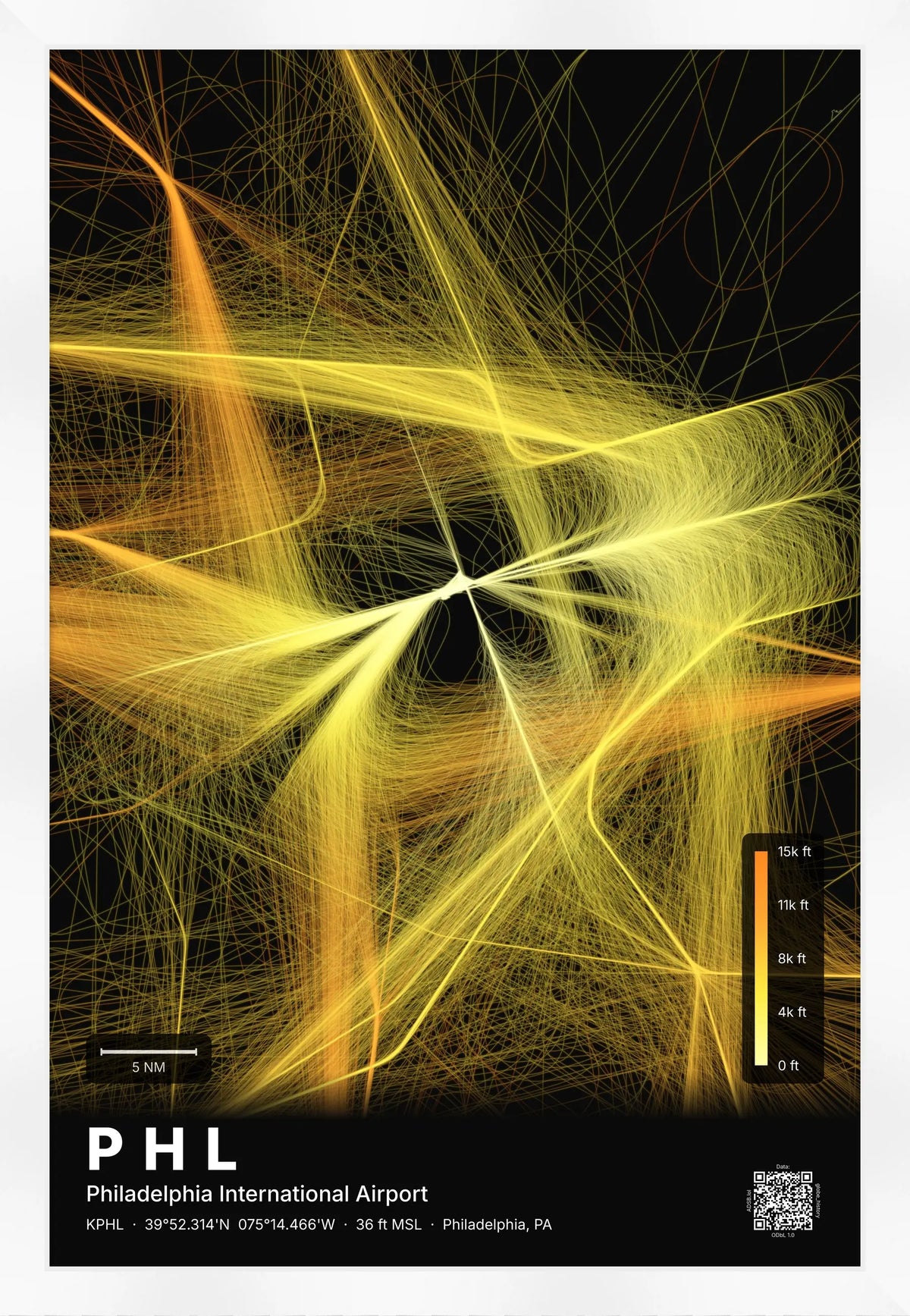 PHL flight path print — Solana theme · Dark [material:framed_white]
