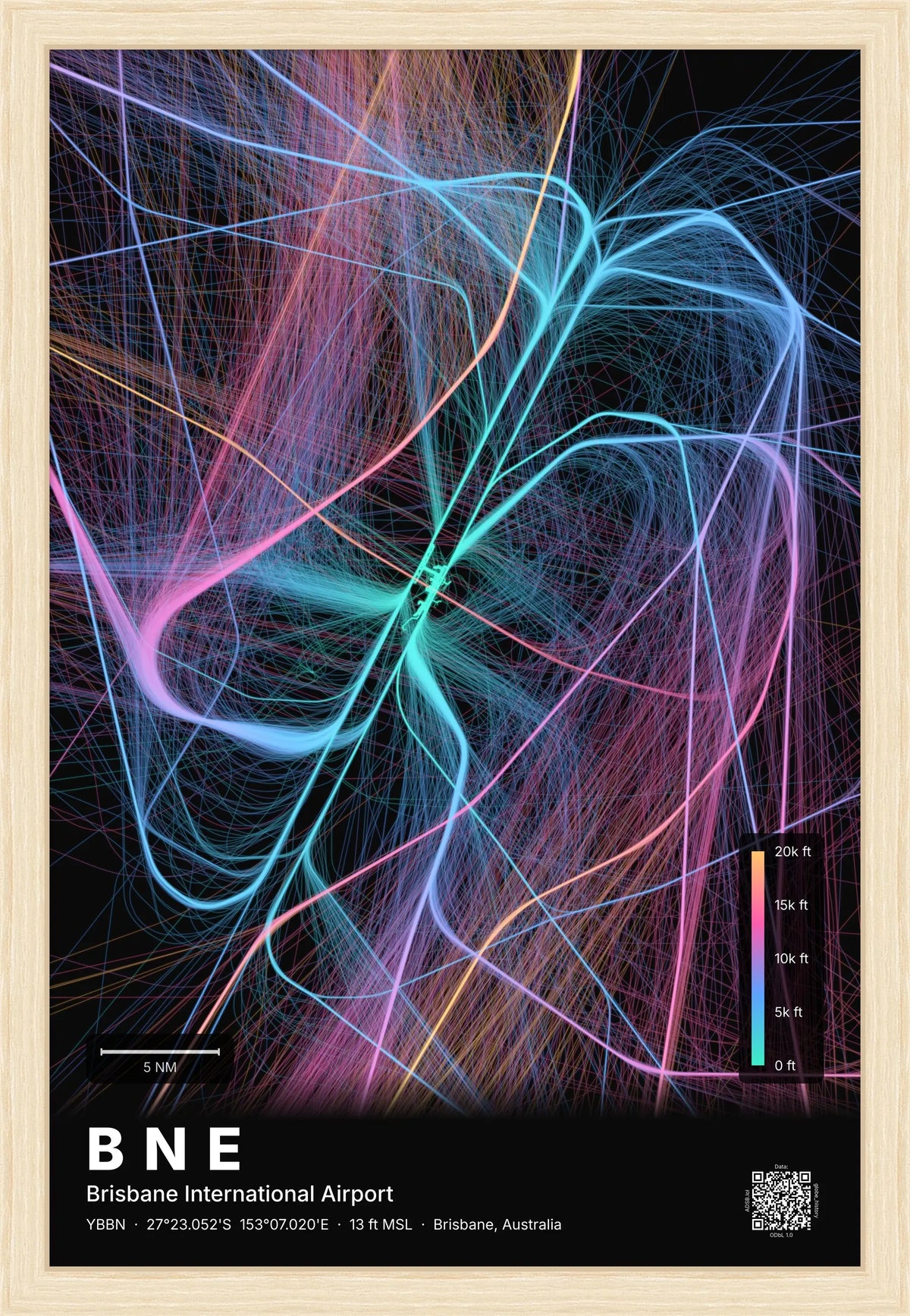 BNE flight path map — Aurora theme · Dark [material:framed_natural]