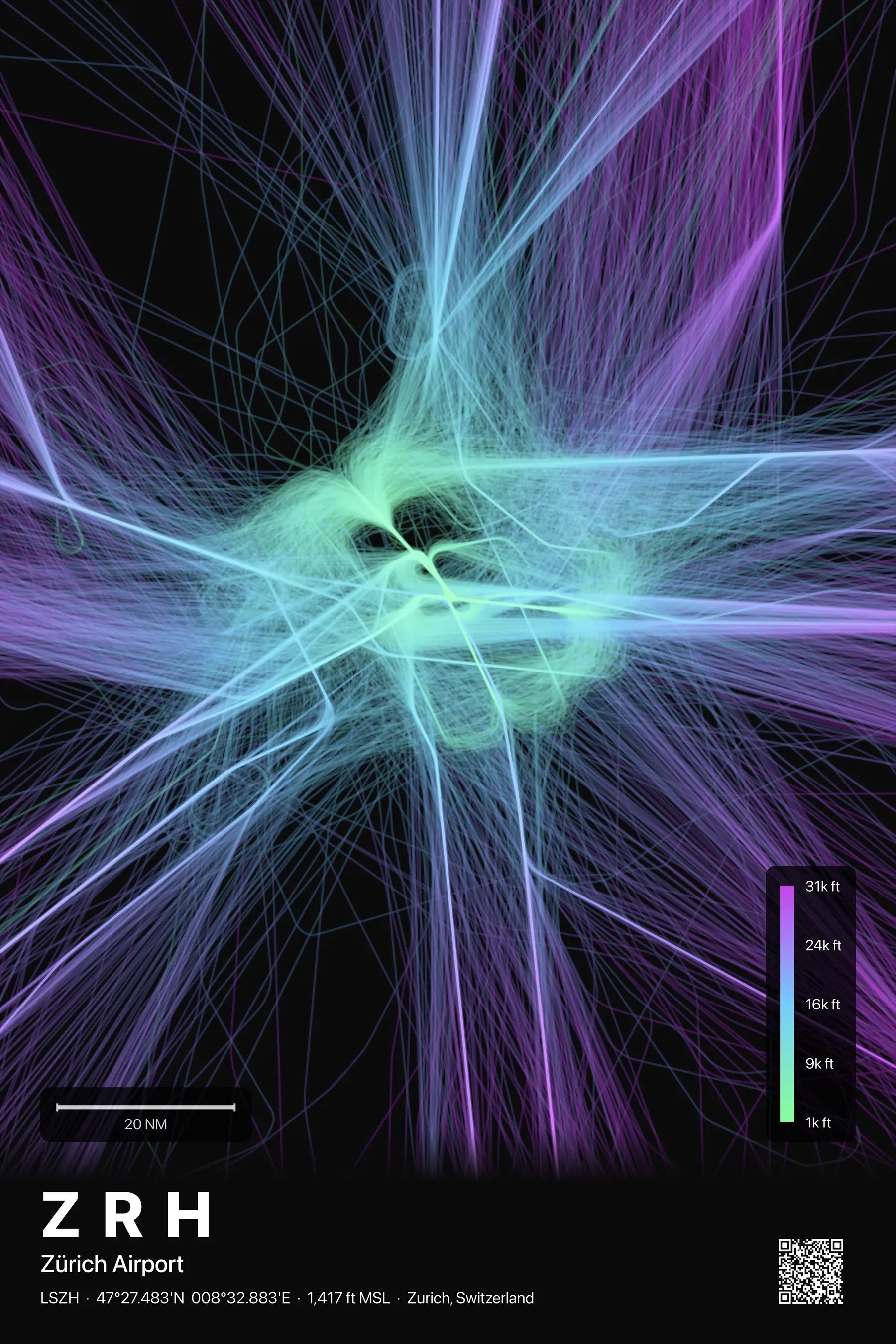 ZRH flight path print — Prism theme · Dark