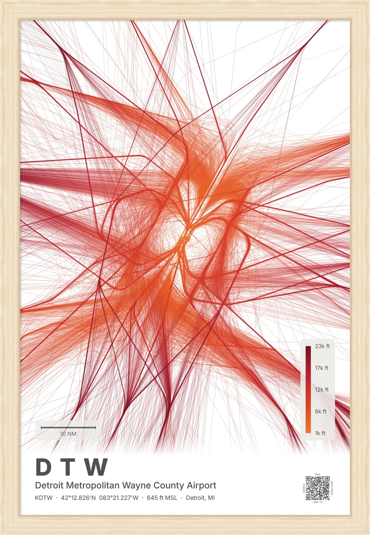 DTW flight path map — Inferno theme · Light [material:framed_natural]