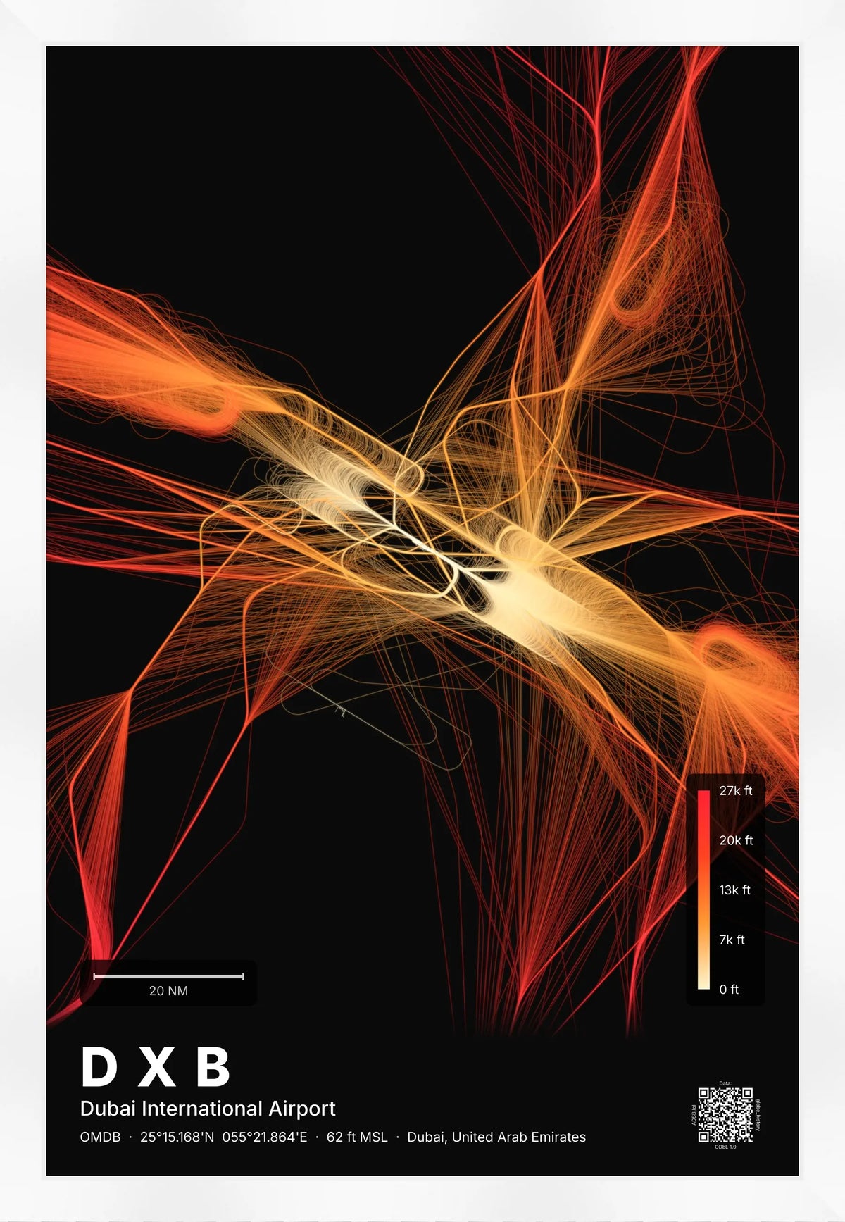 DXB flight path print — Inferno theme · Dark [material:framed_white]