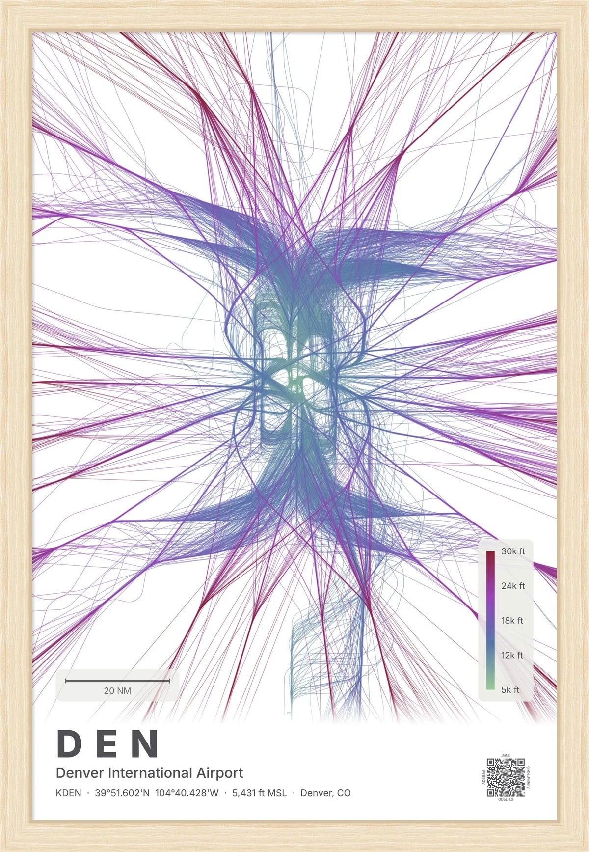 DEN flight path print — Prism theme · Light [material:framed_natural]