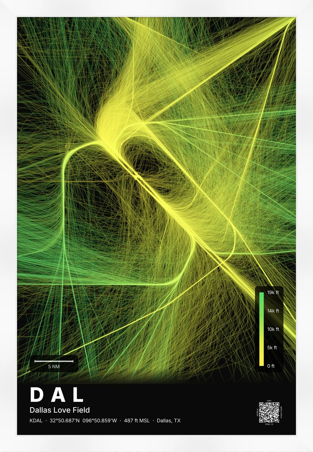 DAL flight path print — Citrus theme · Dark [material:framed_white]