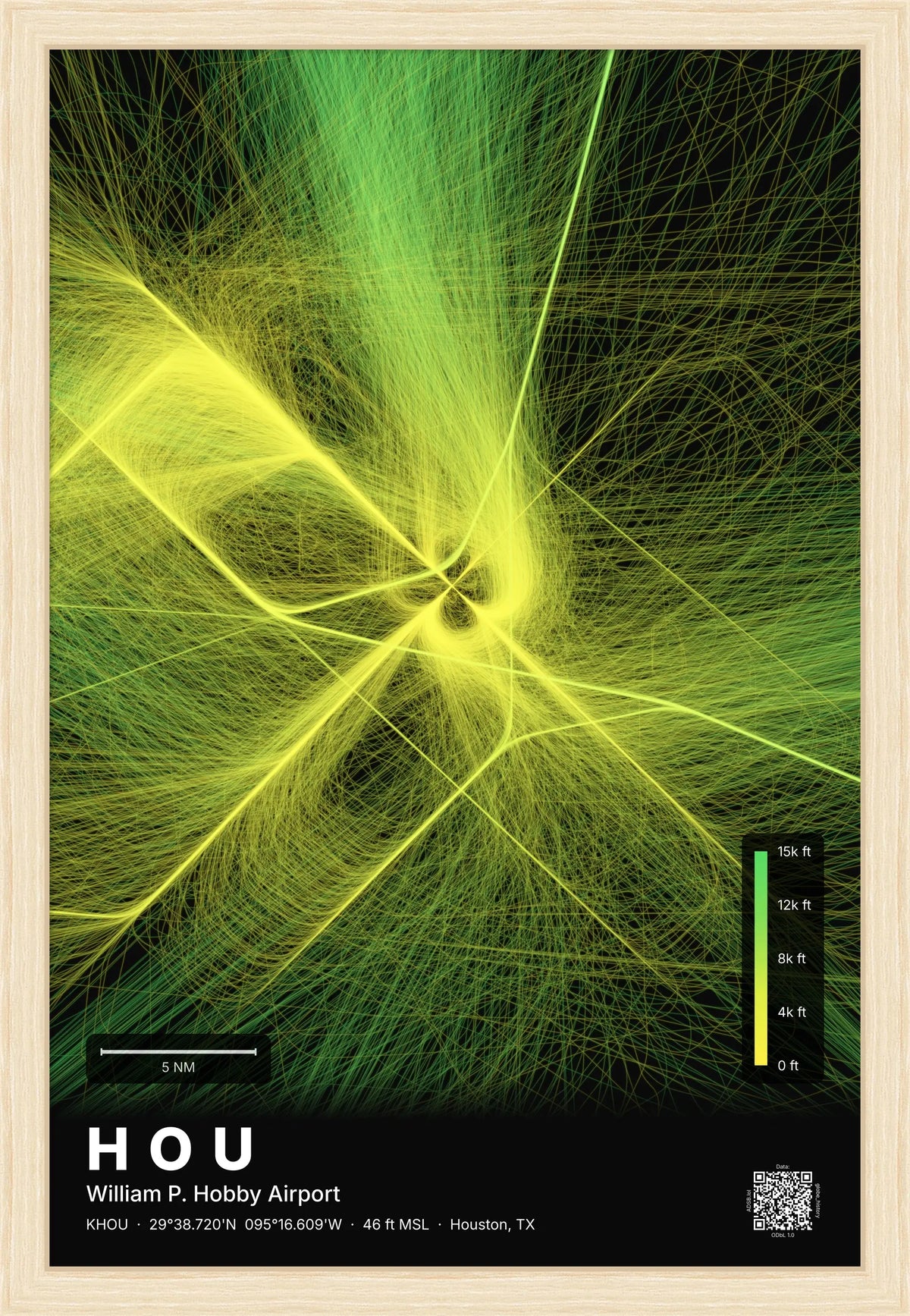 HOU flight path print — Citrus theme · Dark [material:framed_natural]