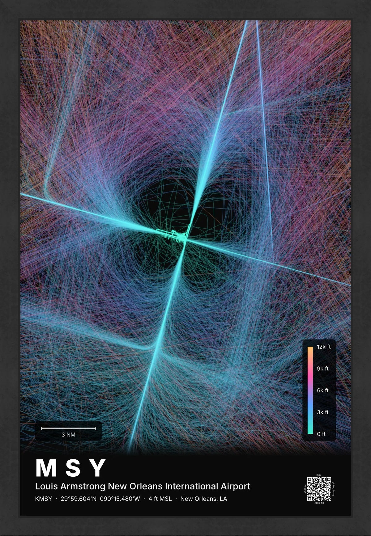 MSY flight path print — Aurora theme · Dark [material:framed_black]