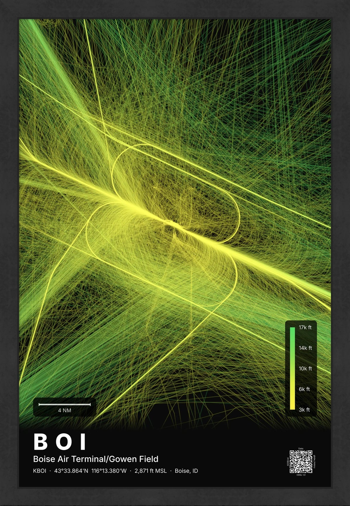 BOI flight path print — Citrus theme · Dark [material:framed_black]