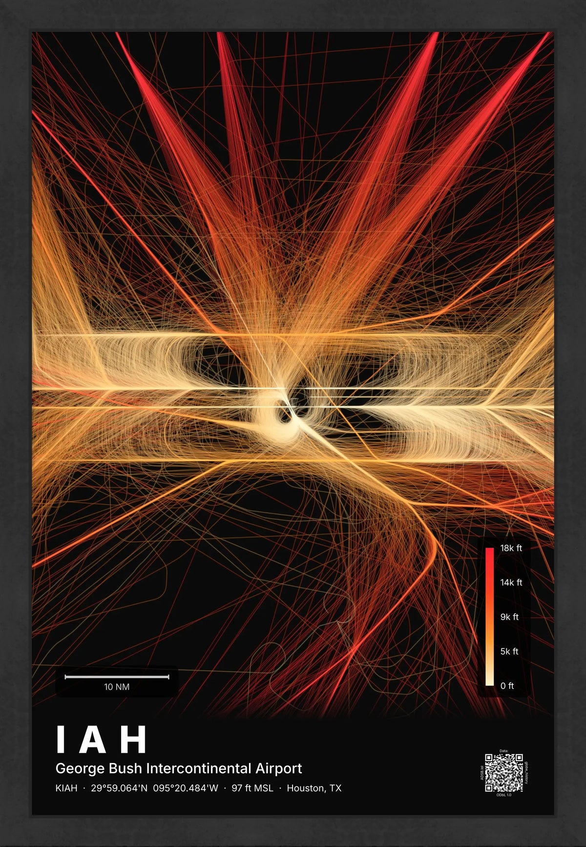 IAH flight path print — Inferno theme · Dark [material:framed_black]