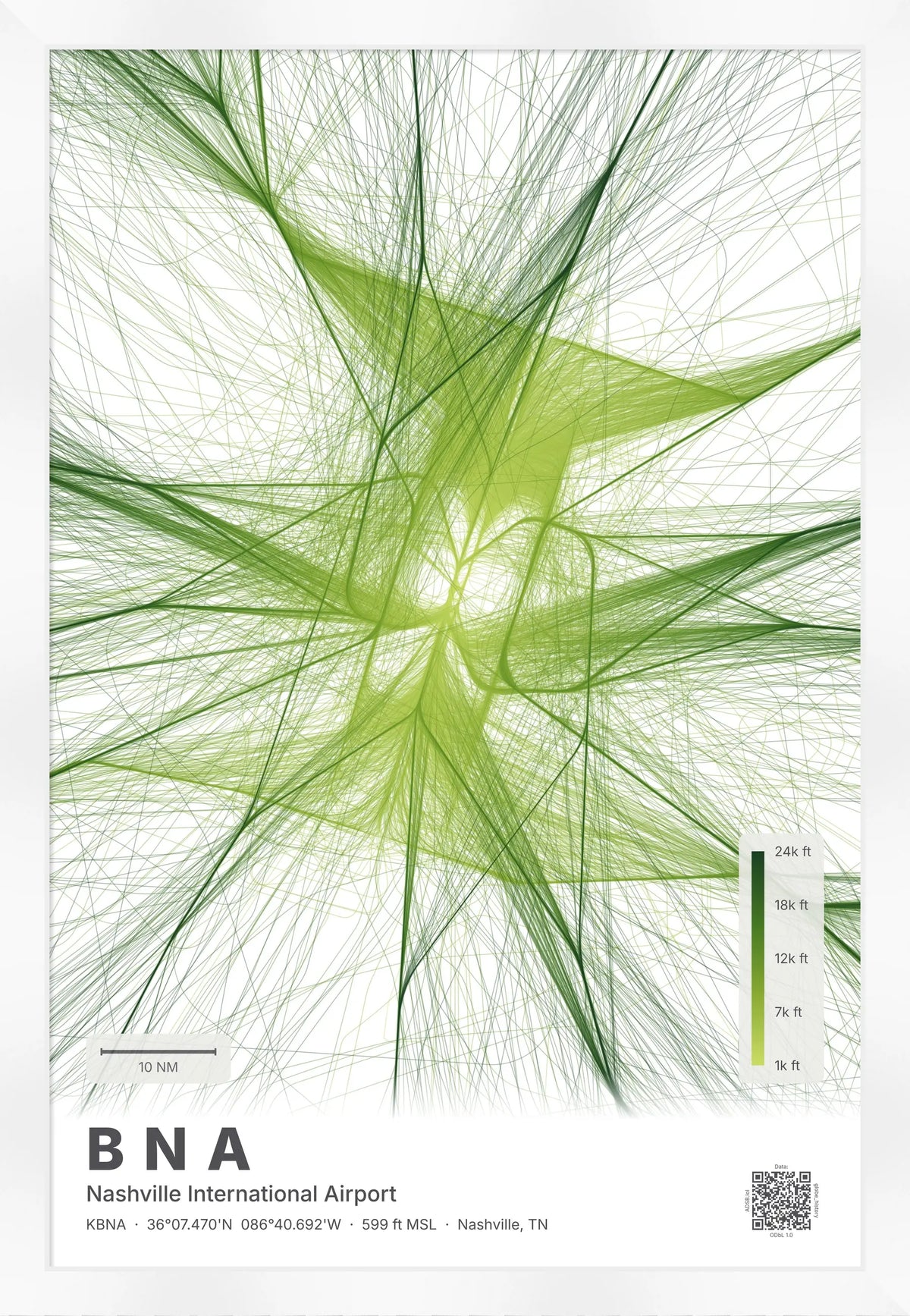 BNA flight path print — Citrus theme · Light [material:framed_white]