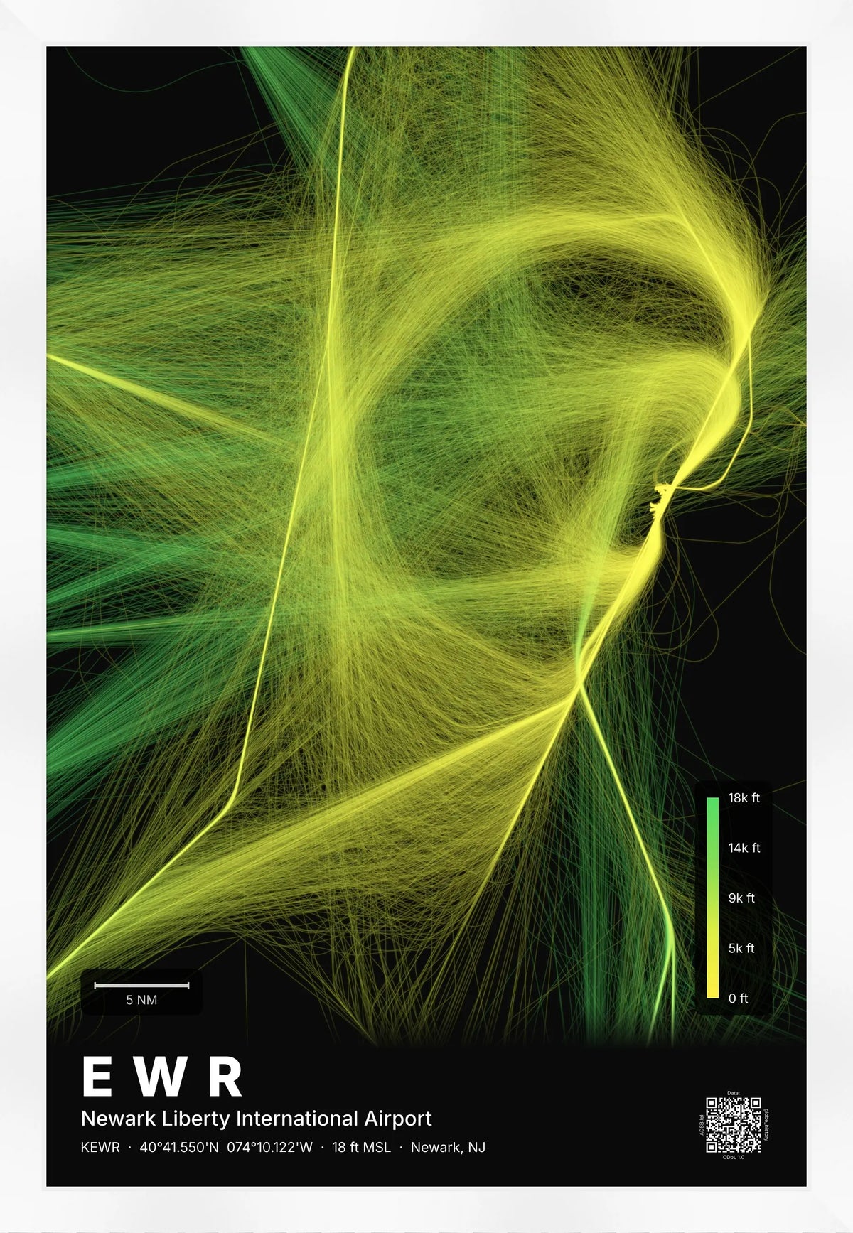 EWR flight path print — Citrus theme · Dark [material:framed_white]