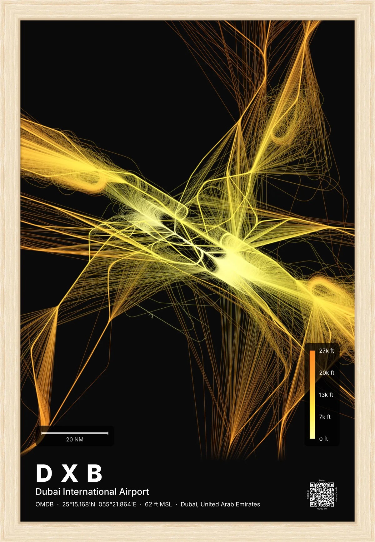 DXB flight path print — Solana theme · Dark [material:framed_natural]