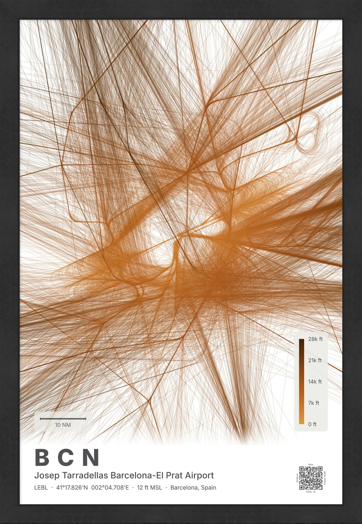 BCN flight path map — Solana theme · Light [material:framed_black]
