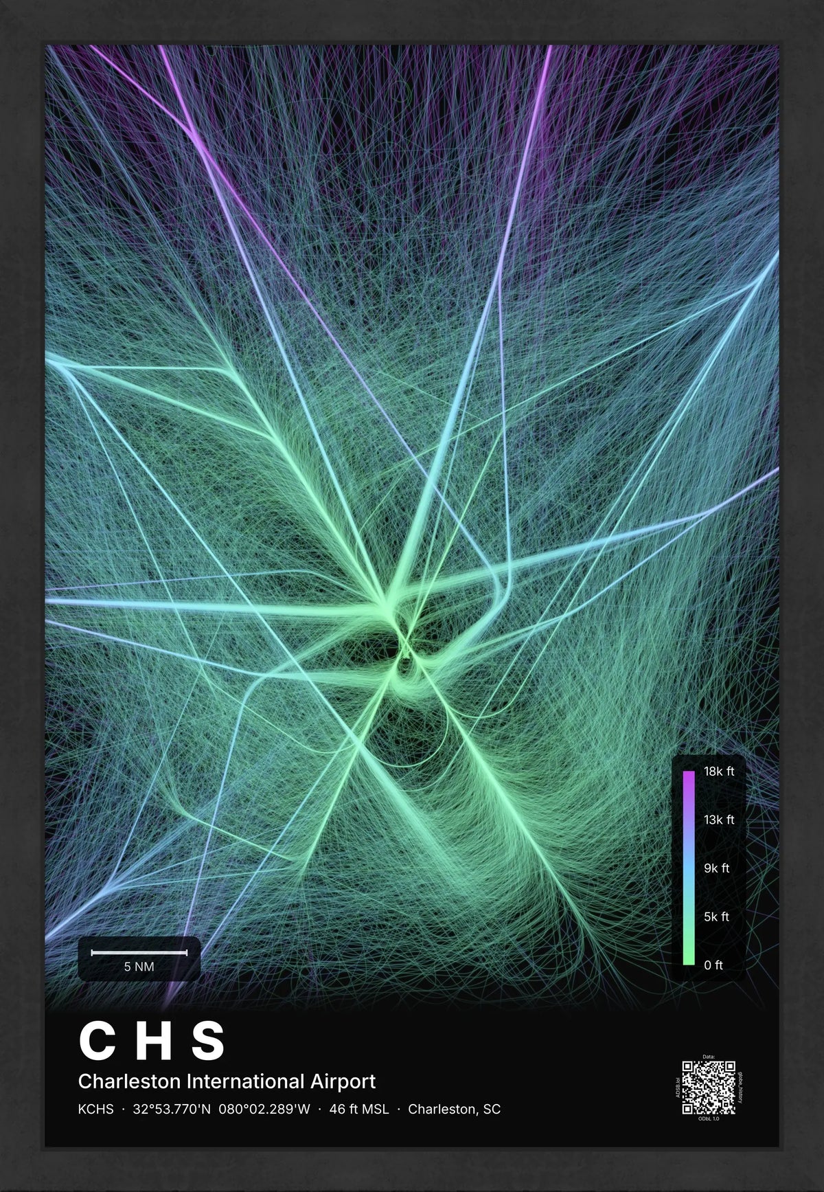 CHS flight path print — Prism theme · Dark [material:framed_black]