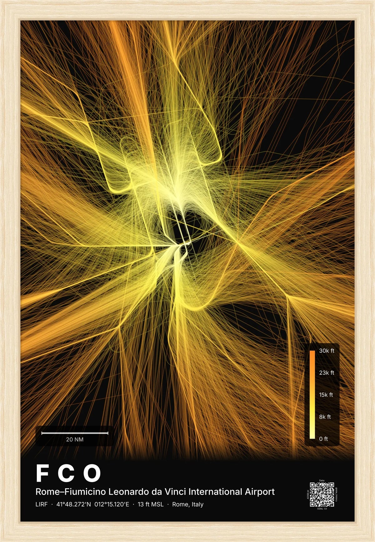 FCO flight path print — Solana theme · Dark [material:framed_natural]