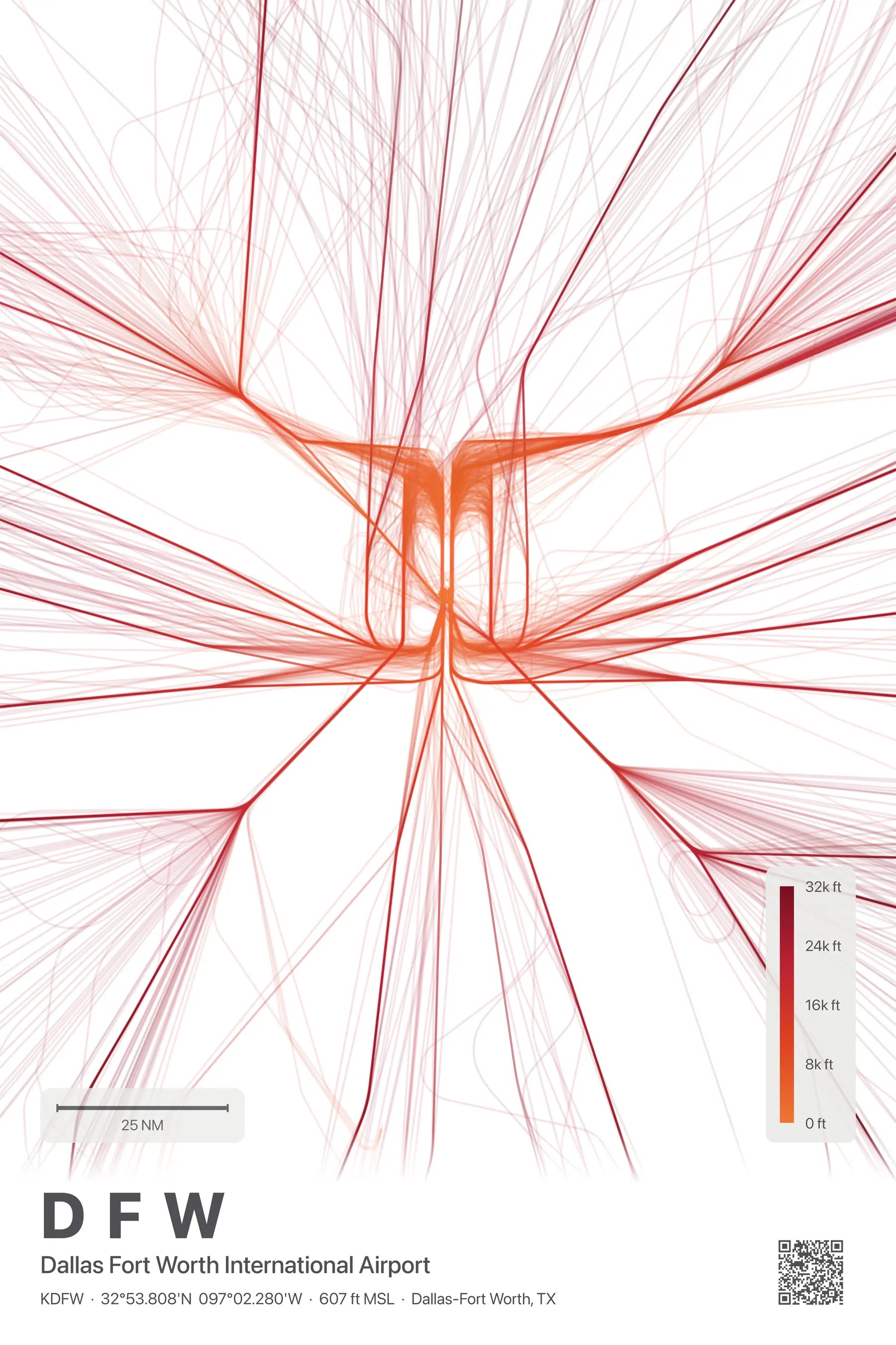 DFW flight path print — Inferno theme · Light