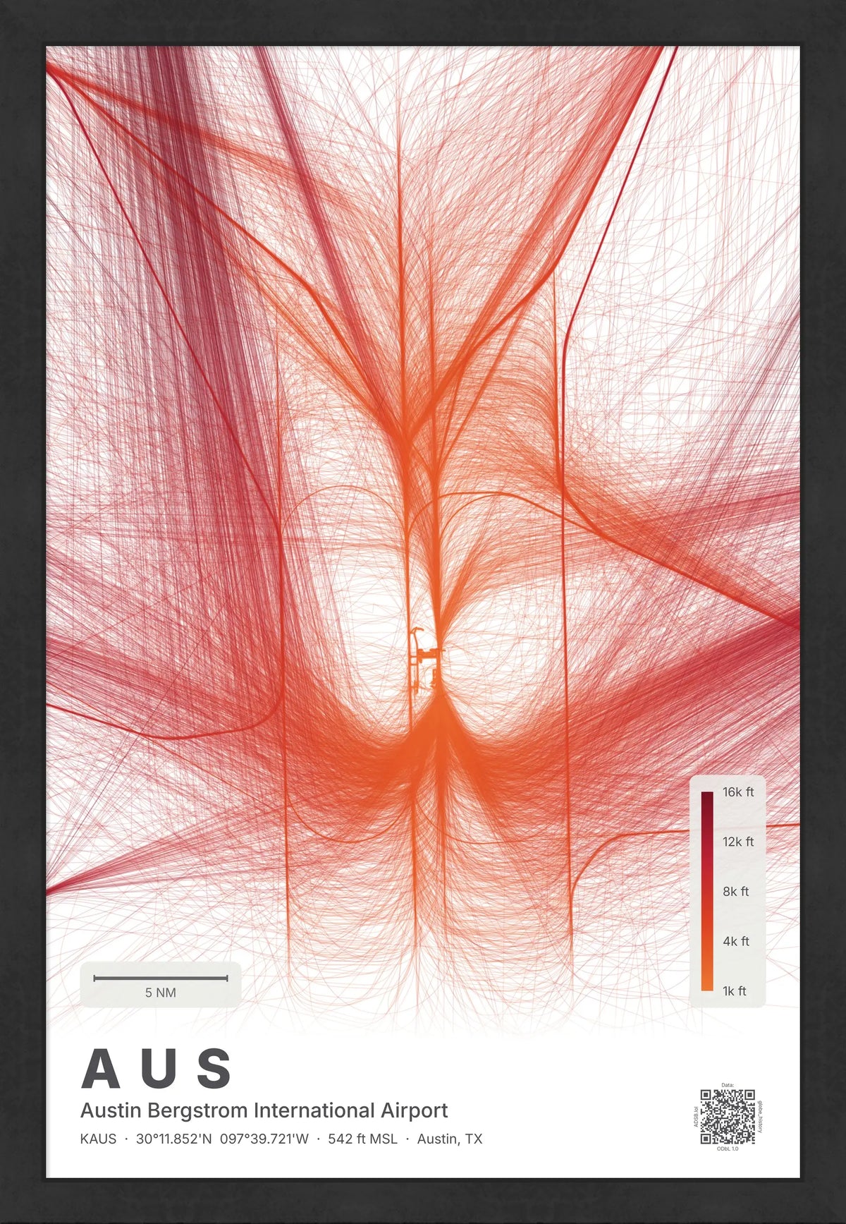 AUS flight path print — Inferno theme · Light [material:framed_black]