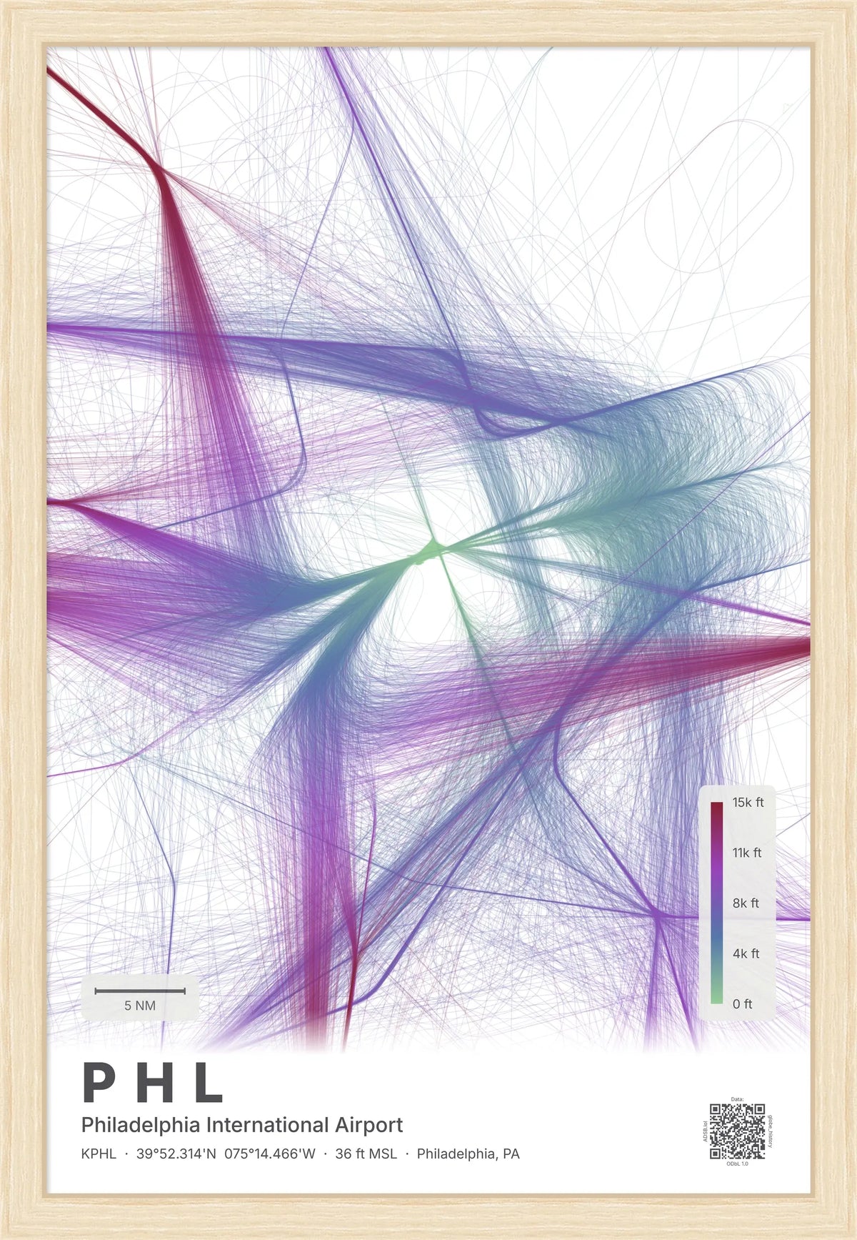 PHL flight path print — Prism theme · Light [material:framed_natural]