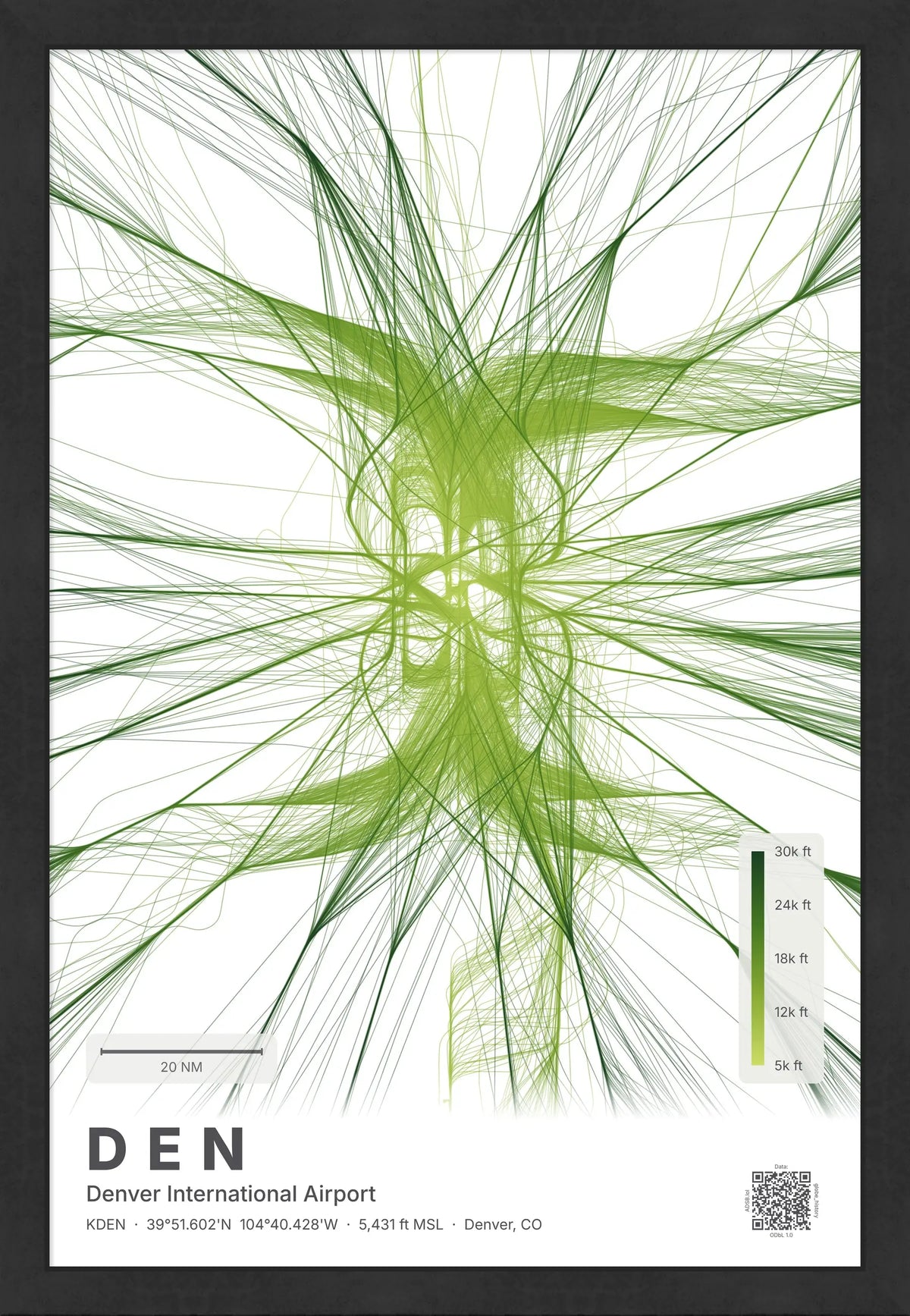DEN flight path print — Citrus theme · Light [material:framed_black]