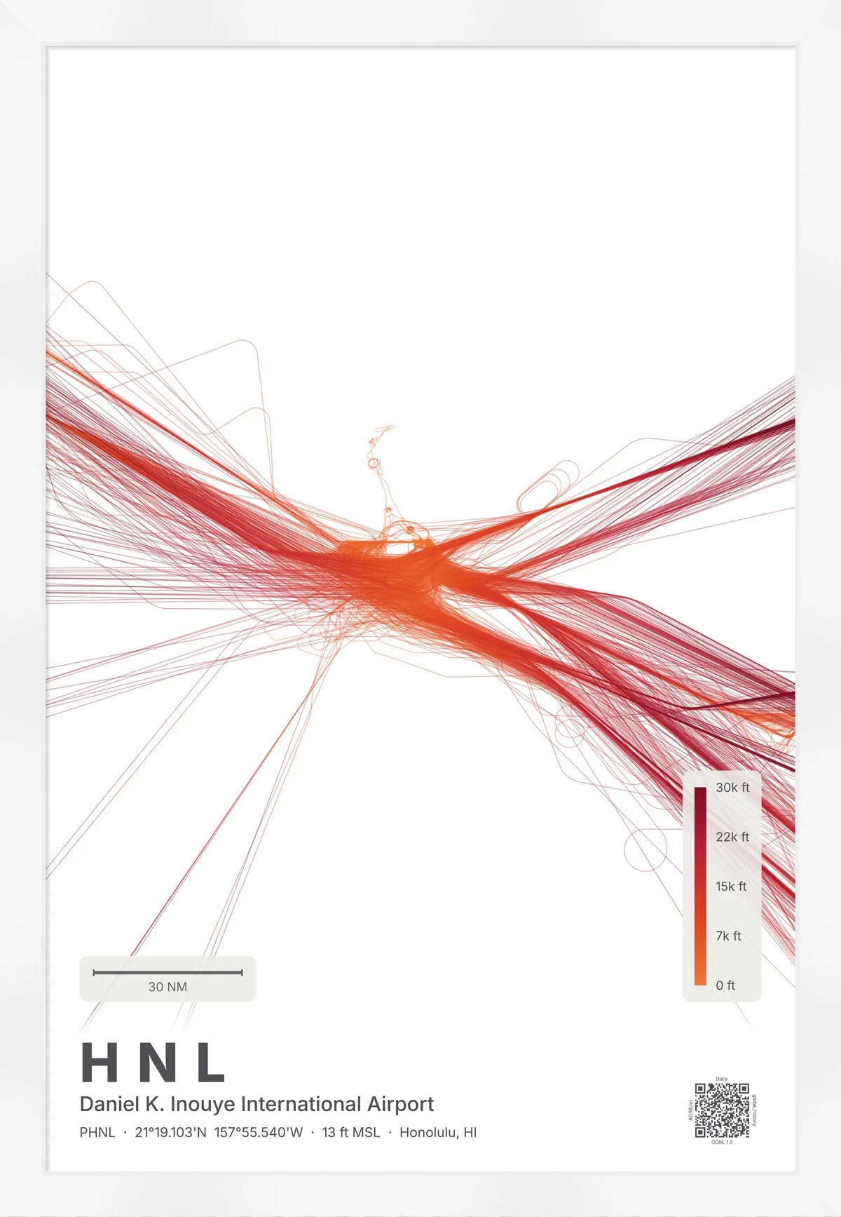 HNL flight path print — Inferno theme · Light [material:framed_white]