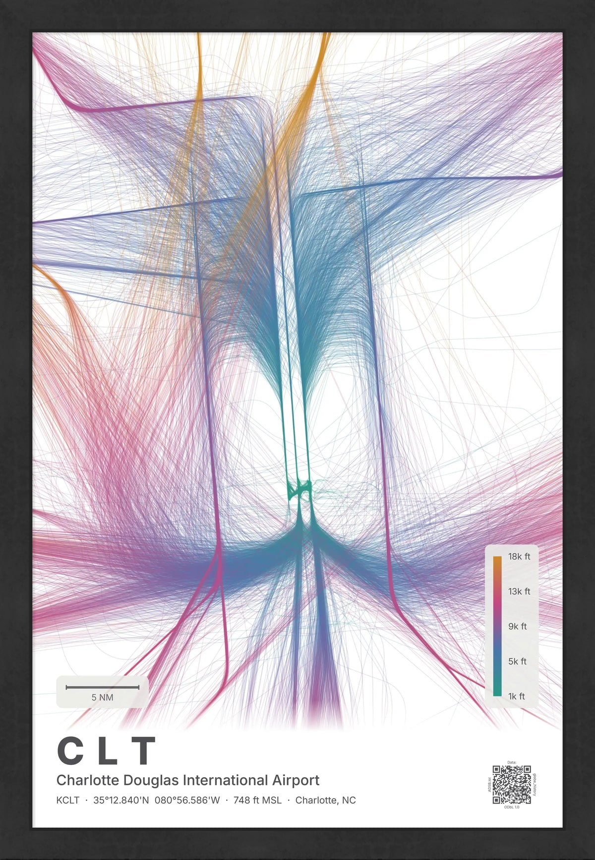CLT flight path map — Aurora theme · Light [material:framed_black]