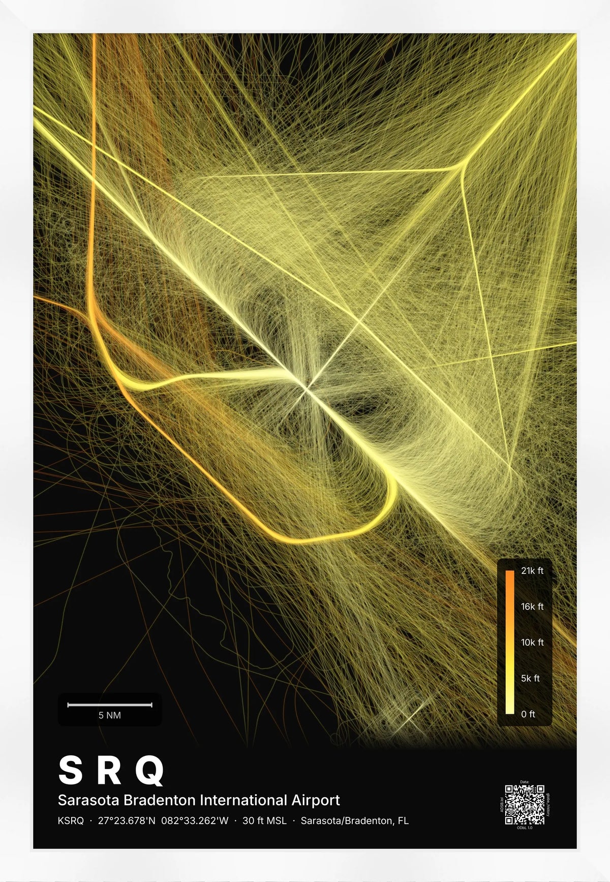 SRQ flight path print — Solana theme · Dark [material:framed_white]
