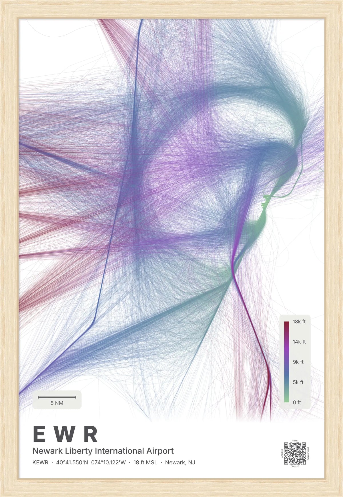 EWR flight path print — Prism theme · Light [material:framed_natural]