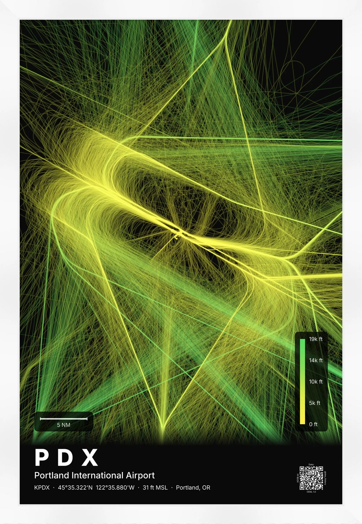 PDX flight path print — Citrus theme · Dark [material:framed_white]