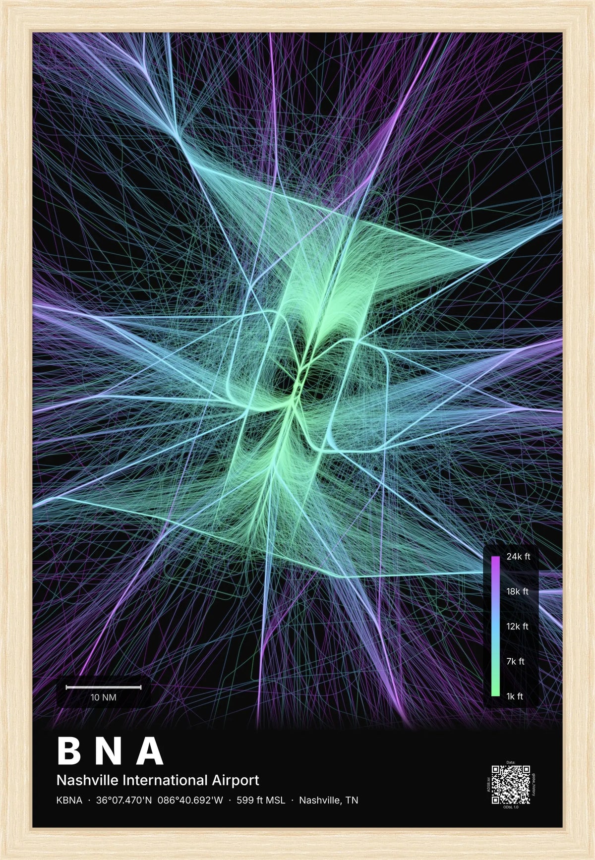 BNA flight path print — Prism theme · Dark [material:framed_natural]