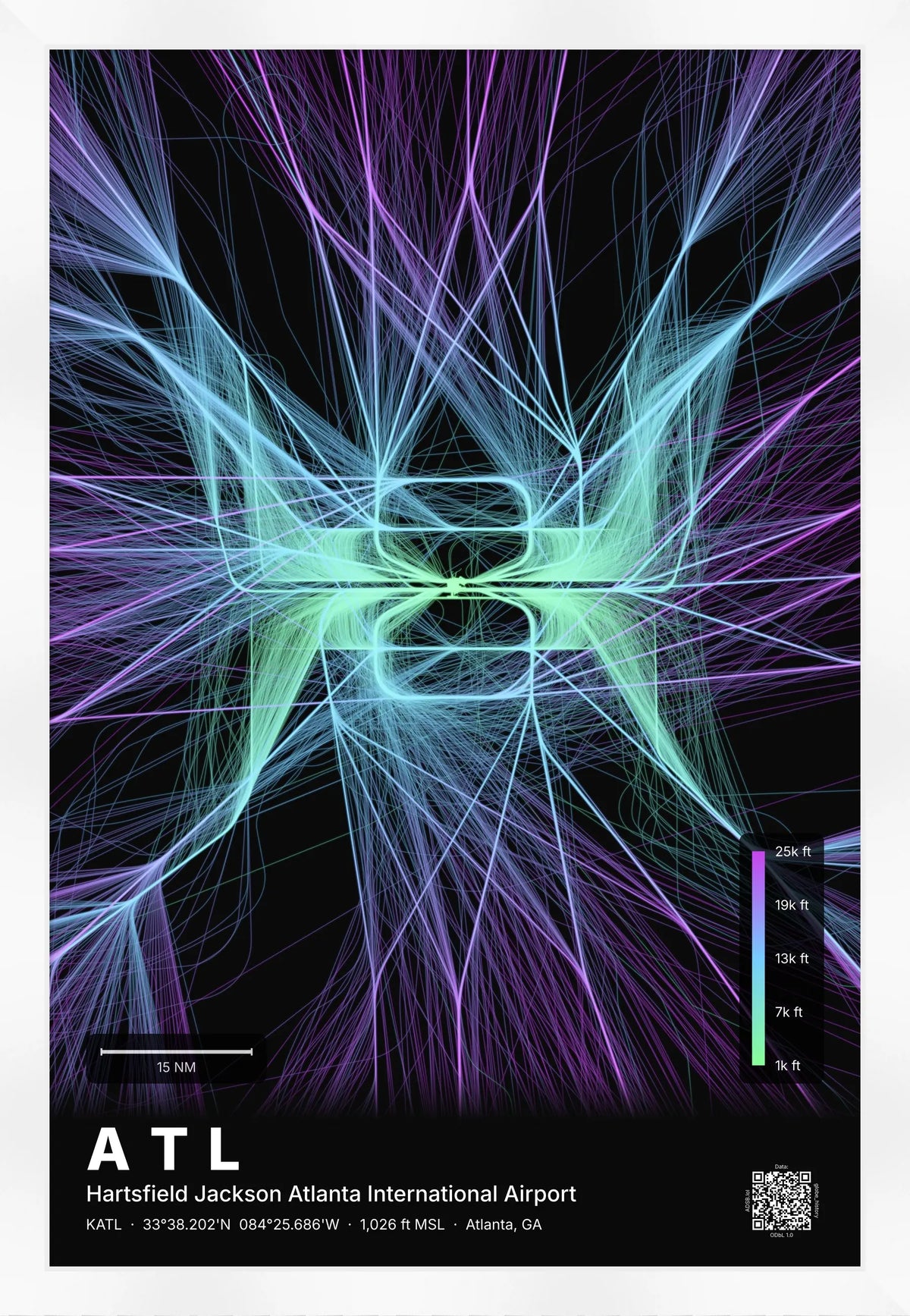 ATL flight path print — Prism theme · Dark [material:framed_white]