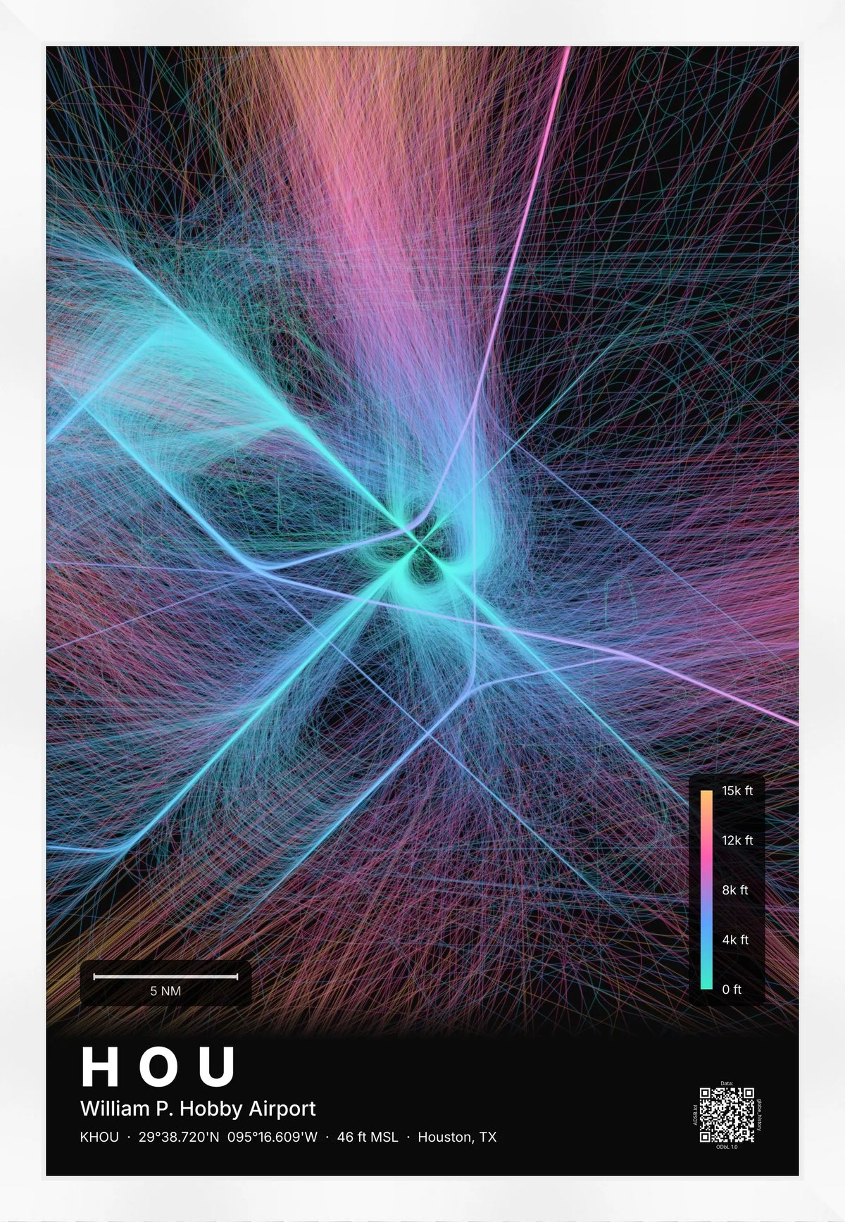 HOU flight path print — Aurora theme · Dark [material:framed_white]