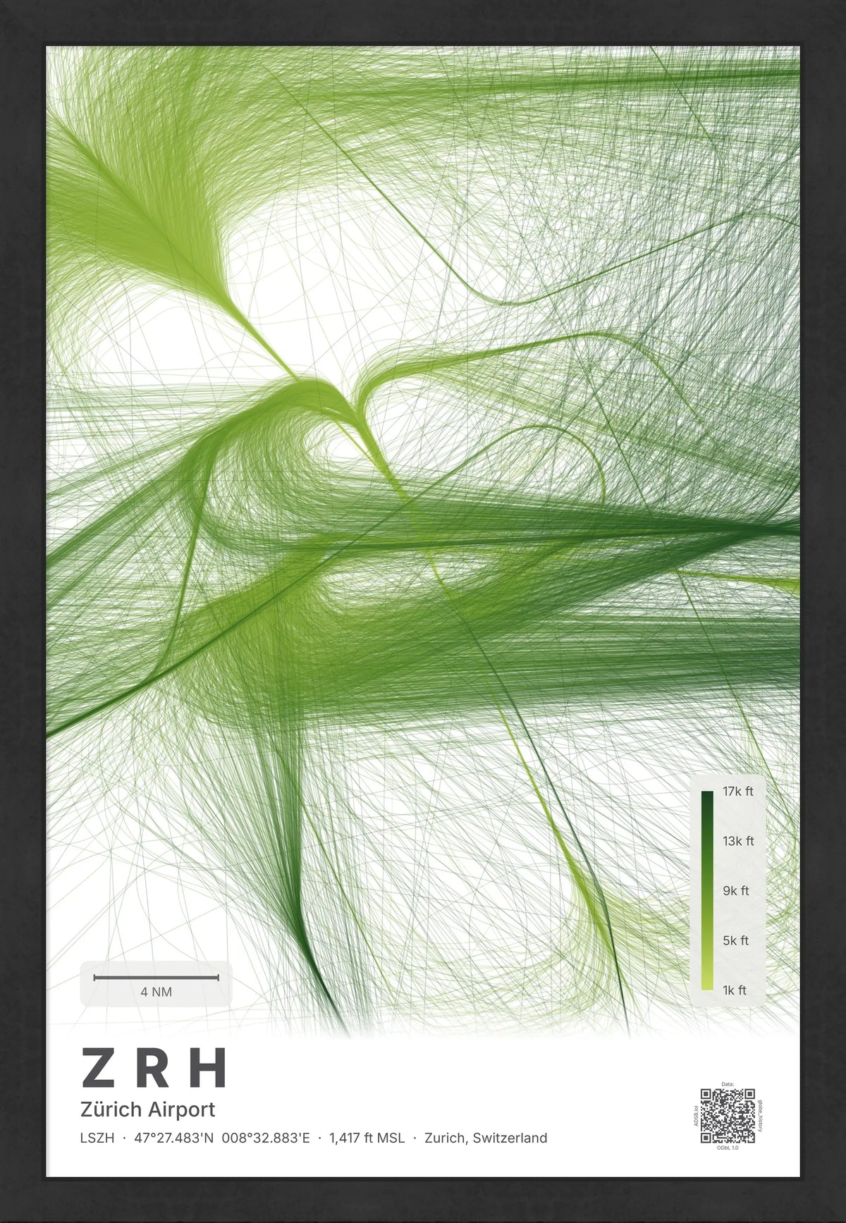 ZRH flight path map — Citrus theme · Light [material:framed_black]