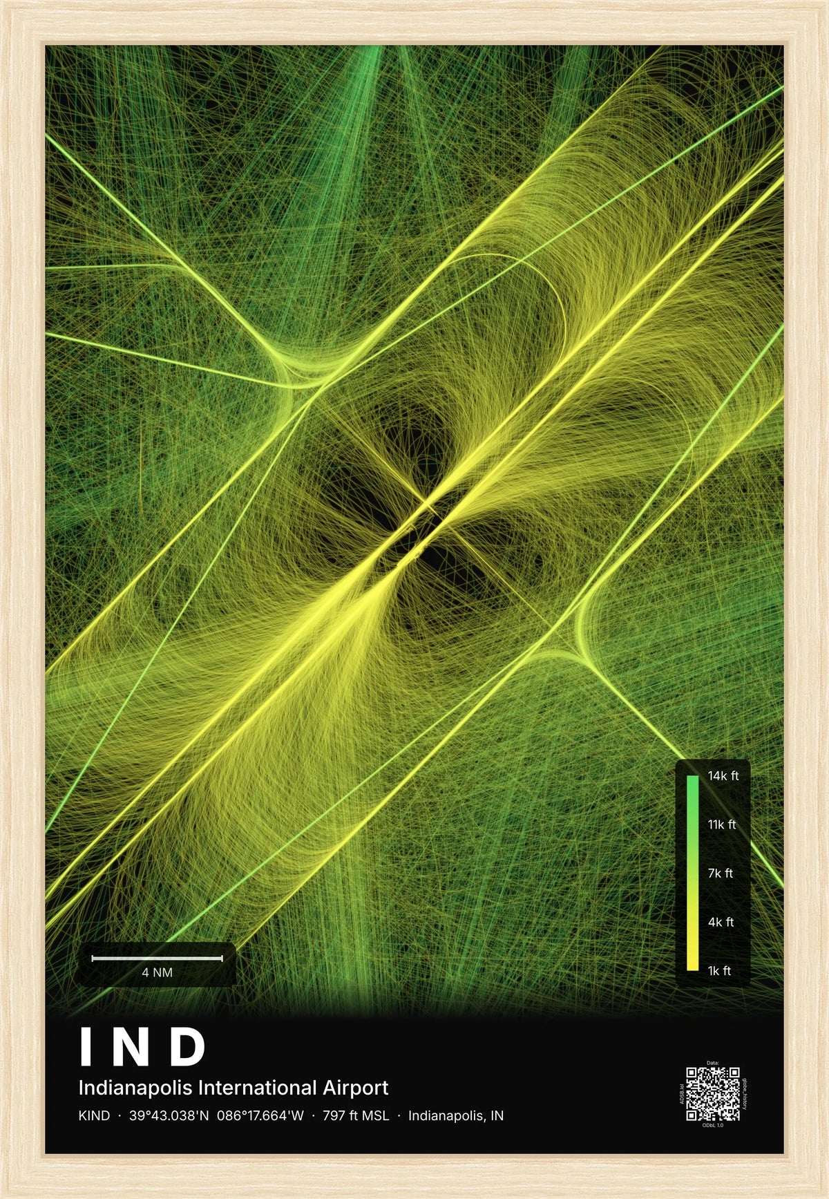 IND flight path print — Citrus theme · Dark [material:framed_natural]